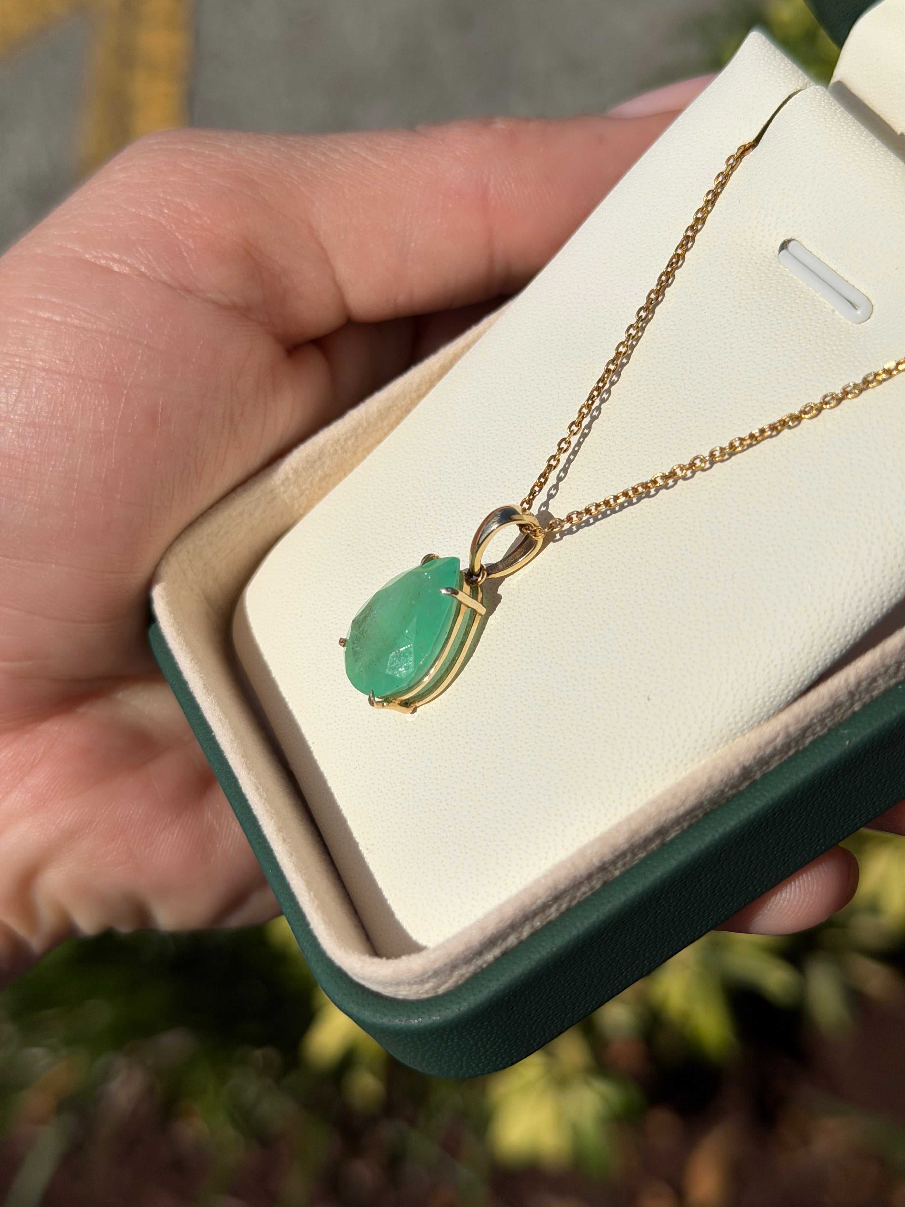 8.20 Carat Earthy Colombian Emerald Teardrop Solitaire Necklace 14K Gold - JR Colombian Emeralds