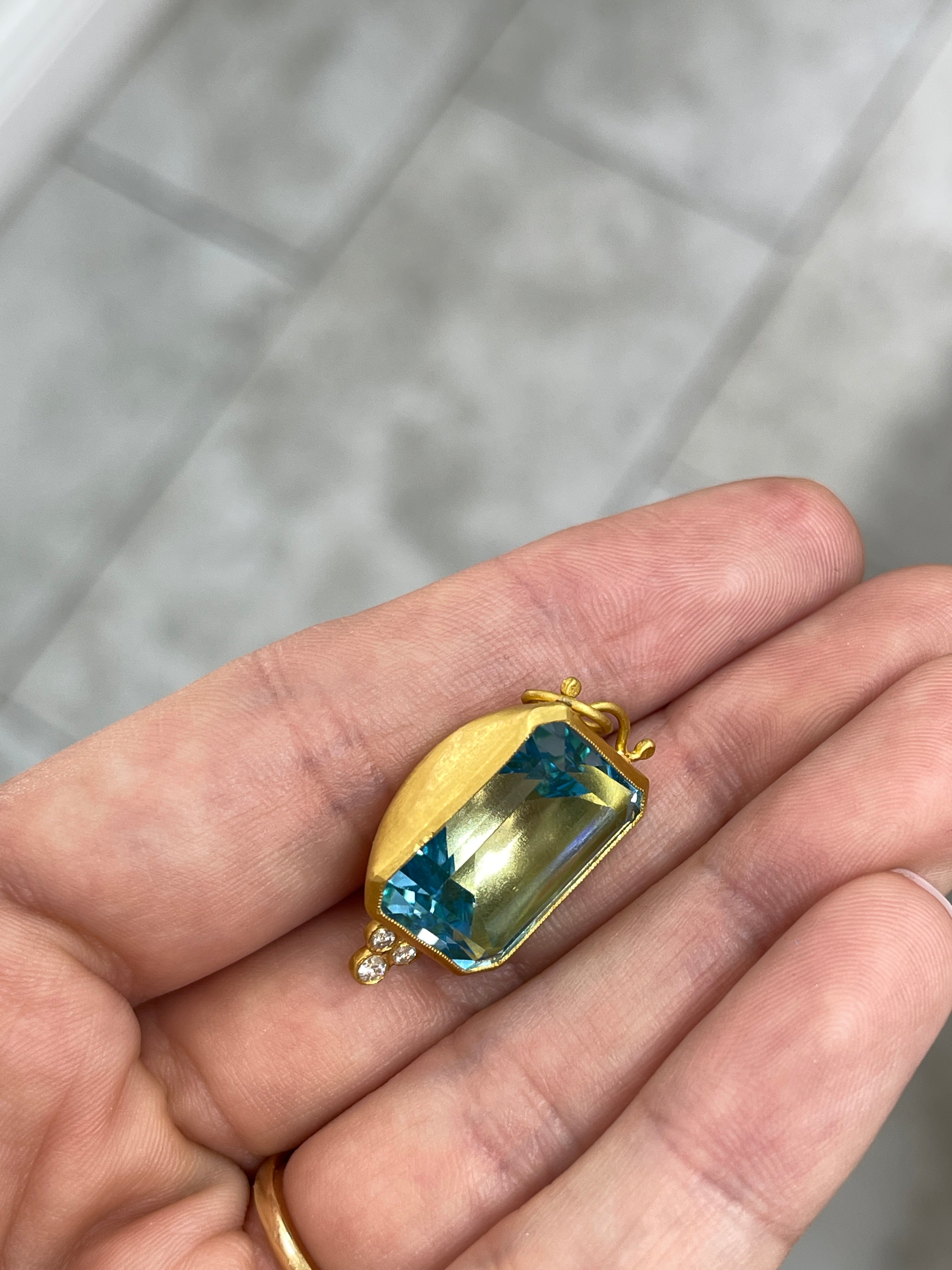 28.79TCW 24K Pure Gold Blue Topaz & Diamond Bezel Pendant - JR Colombian Emeralds