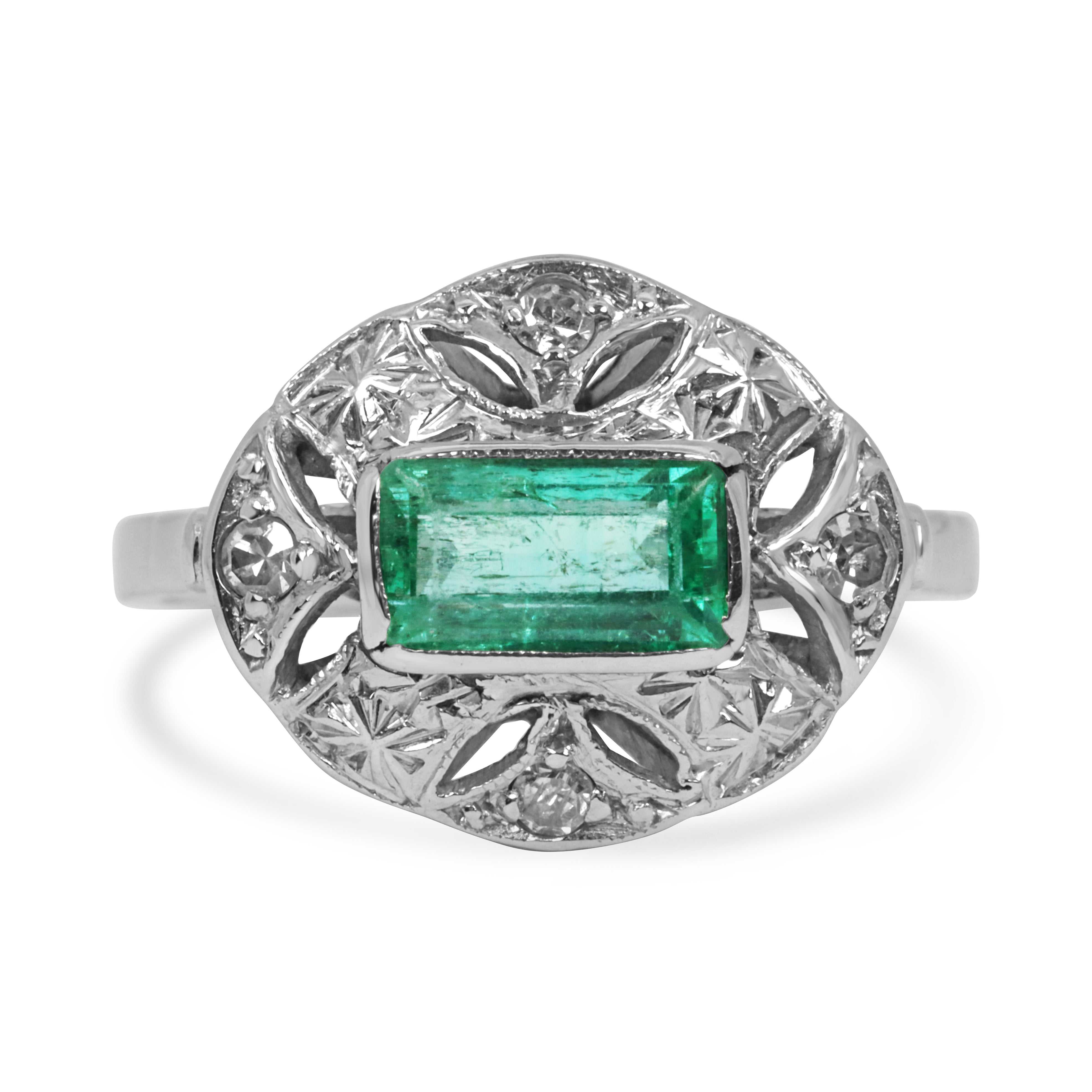 2.07tcw 14K vintage Art Deco ring with Colombian emerald and single cut diamonds in white gold bezel pave setting
