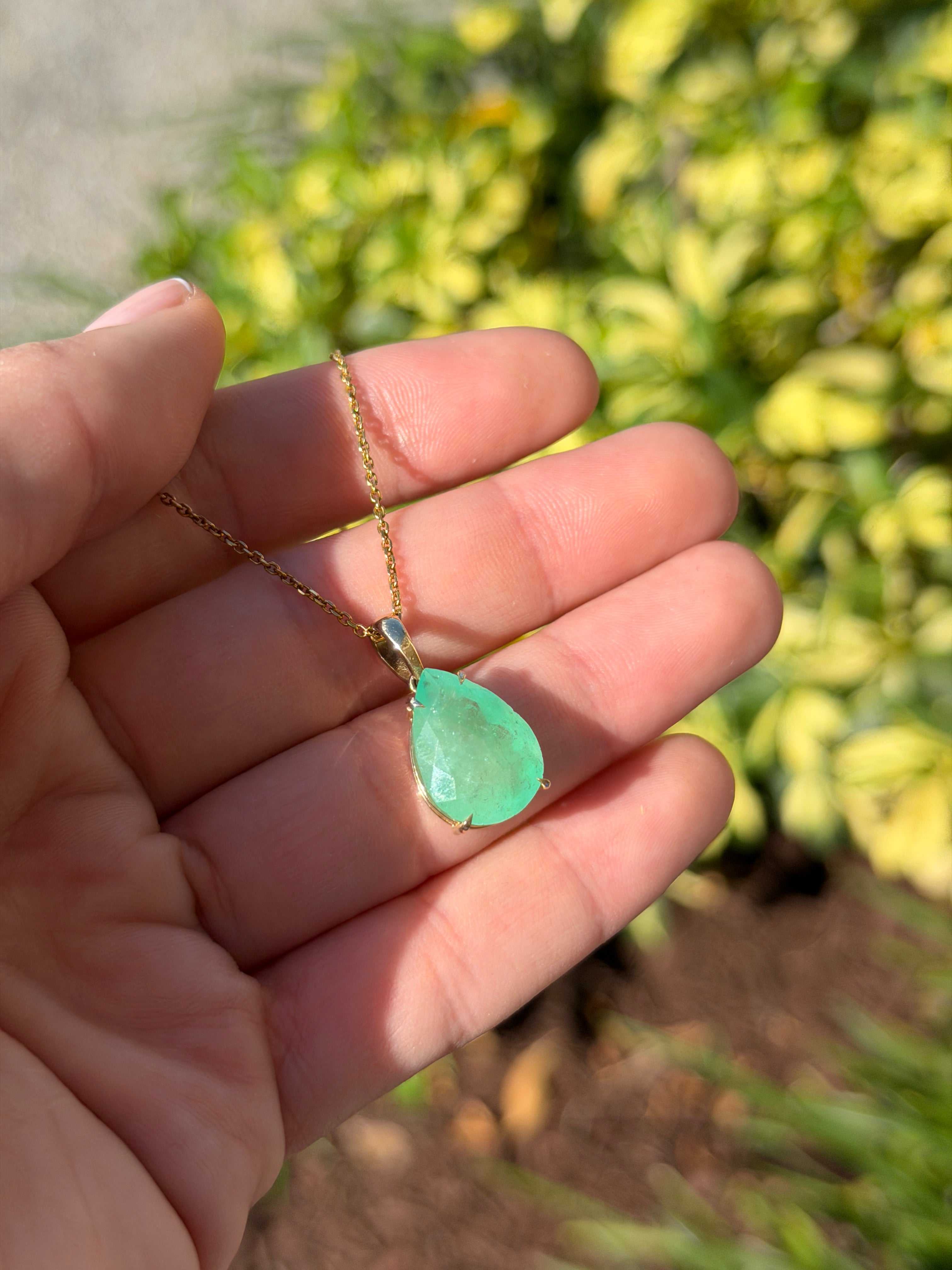 8.20 Carat Earthy Colombian Emerald Teardrop Solitaire Necklace 14K Gold - JR Colombian Emeralds