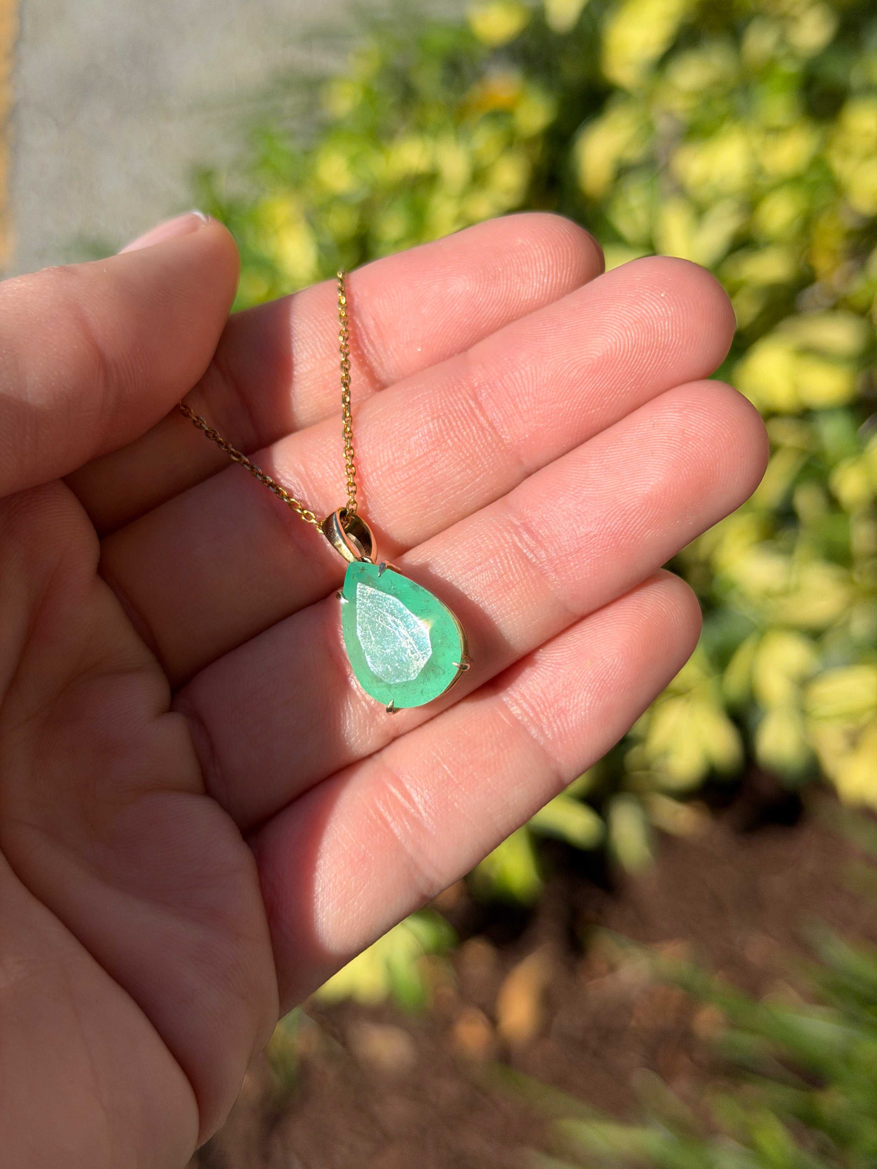 8.20 Carat Earthy Colombian Emerald Teardrop Solitaire Necklace 14K Gold - JR Colombian Emeralds