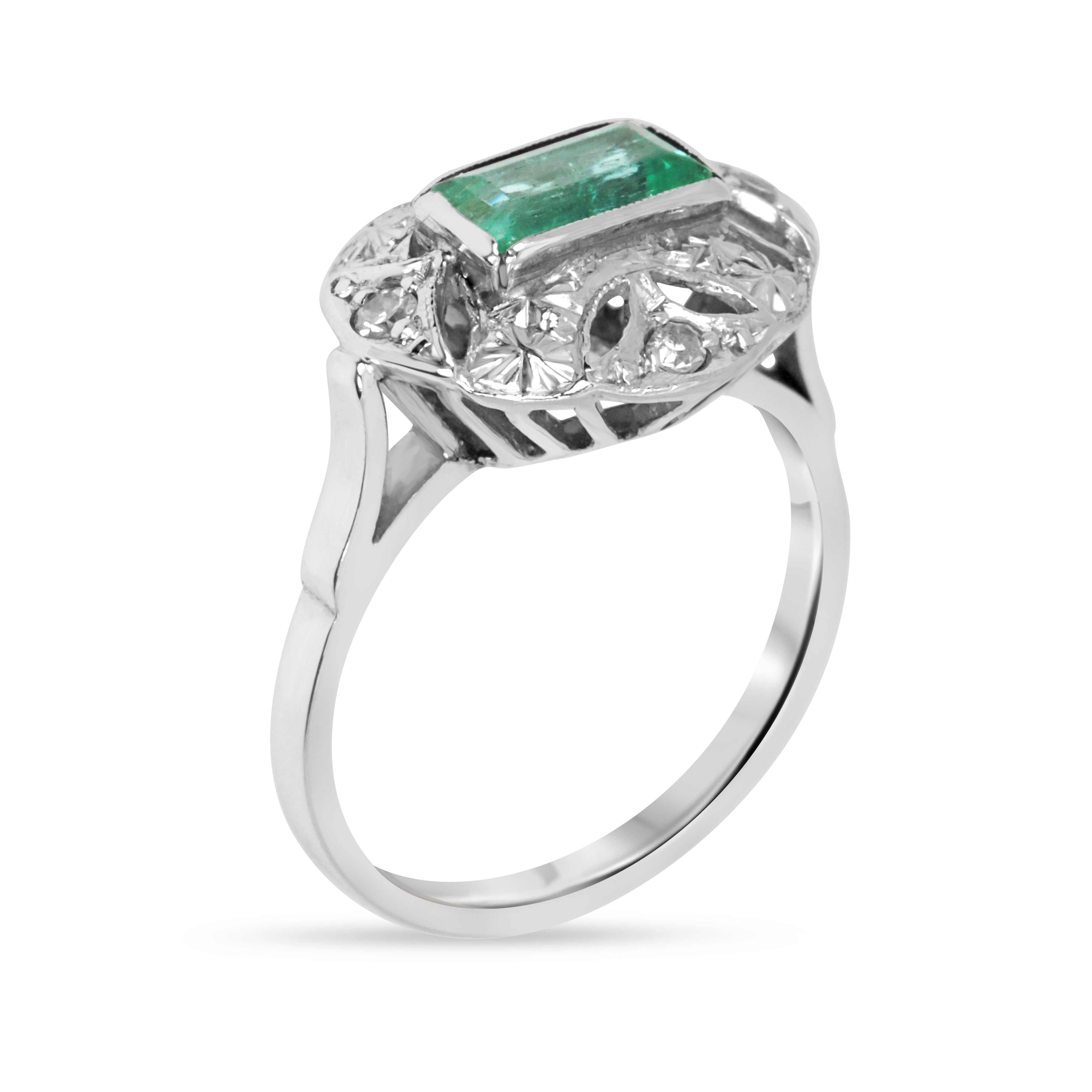 2.07tcw 14K Vintage Art Deco Colombian Emerald & Single Cut Diamond Floral Ring