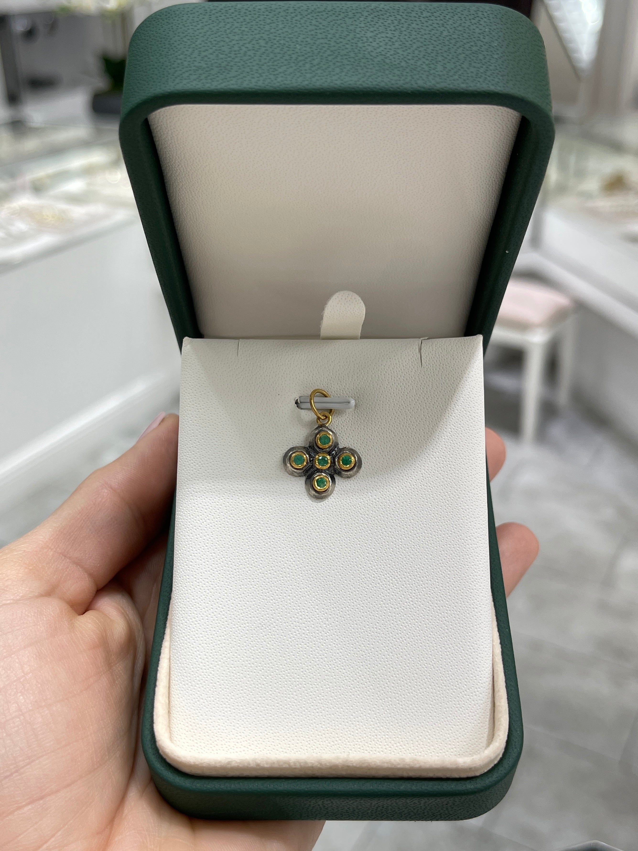 Petite Byzantine 24K Gold & Sterling Silver Emerald Cross Pendant - JR Colombian Emeralds