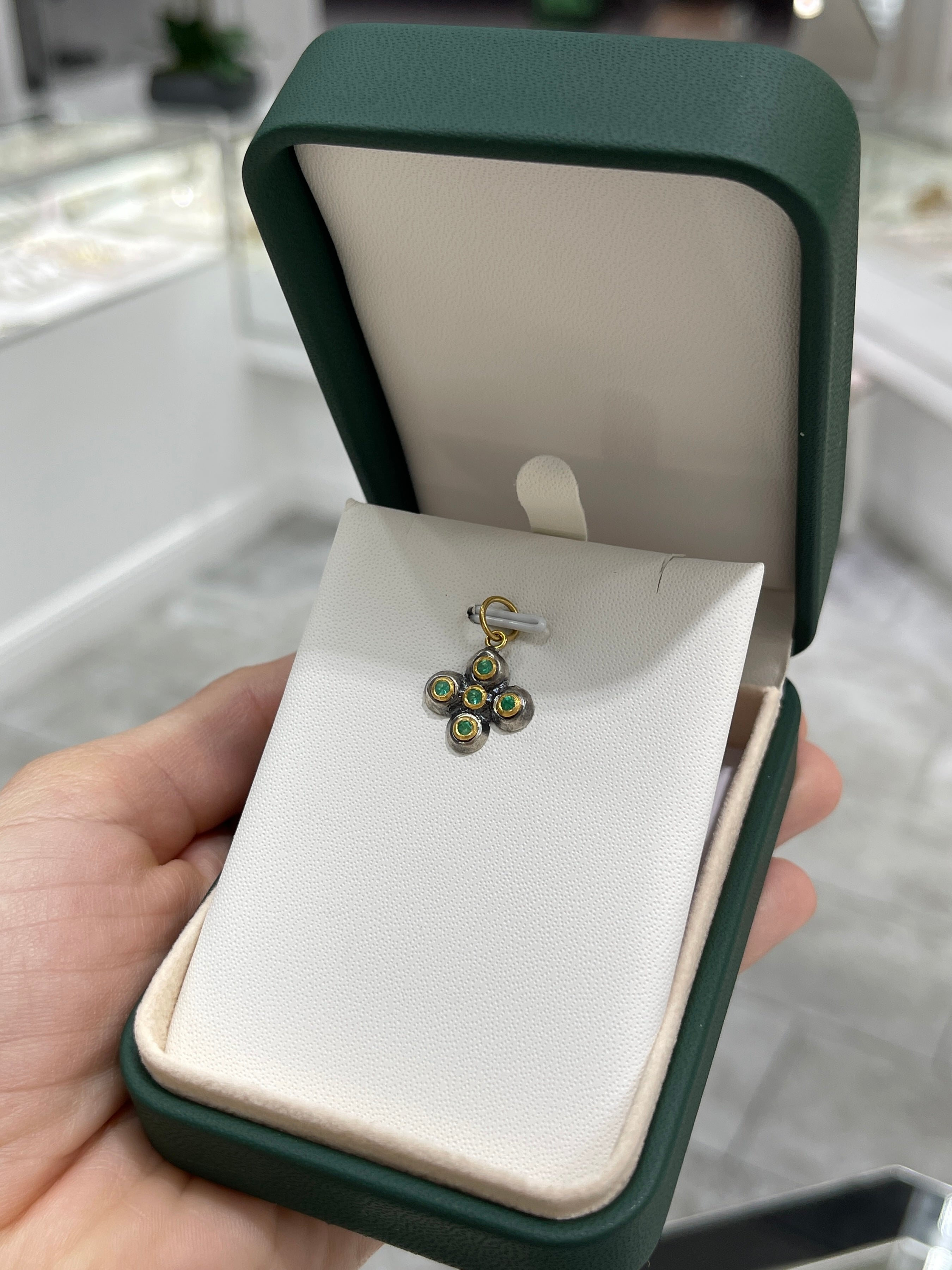 Petite Byzantine 24K Gold & Sterling Silver Emerald Cross Pendant - JR Colombian Emeralds