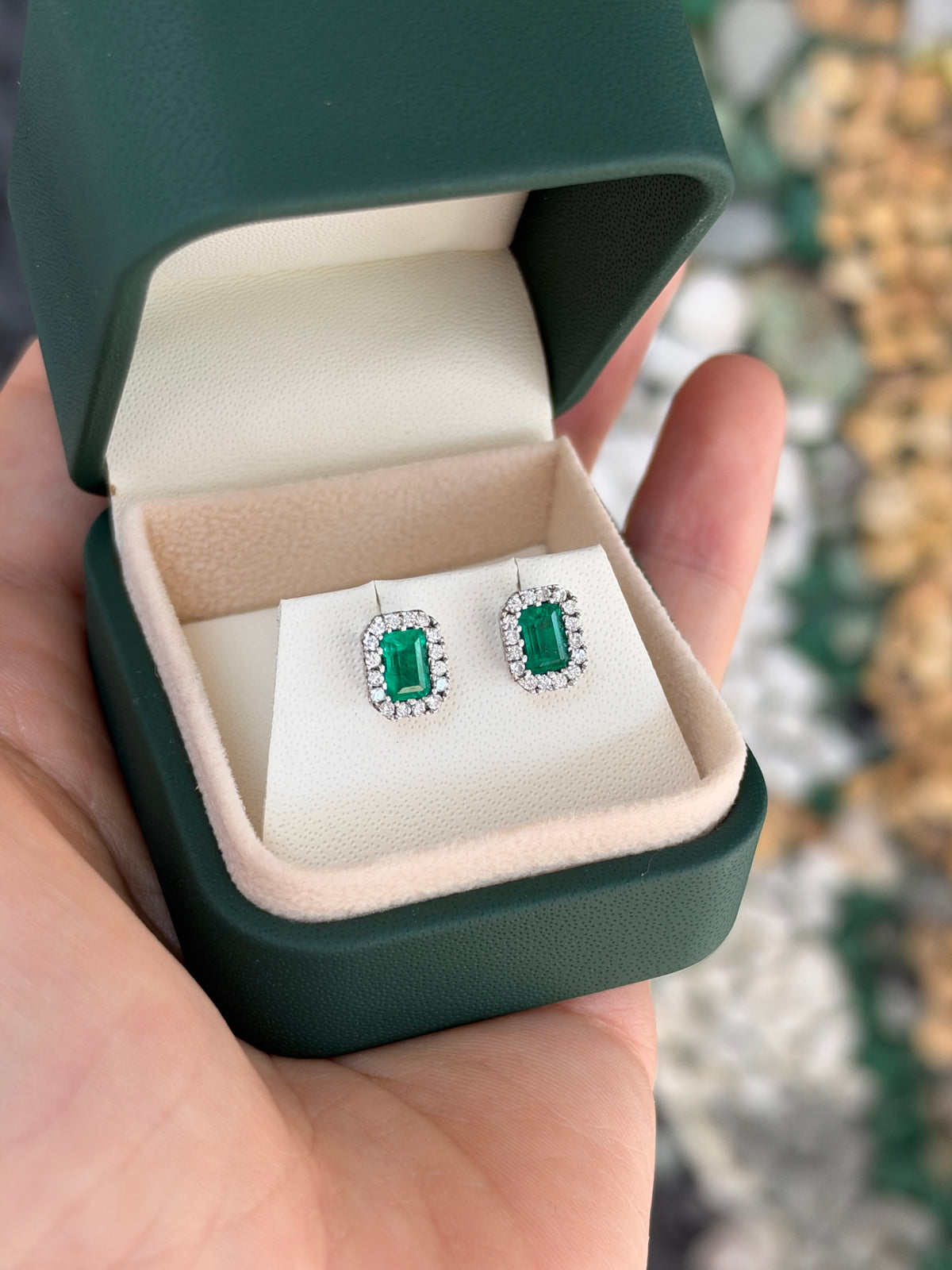 1.68tcw 18K Rich Green Natural Colombian Emerald & Diamond Halo Stud Earrings White Gold