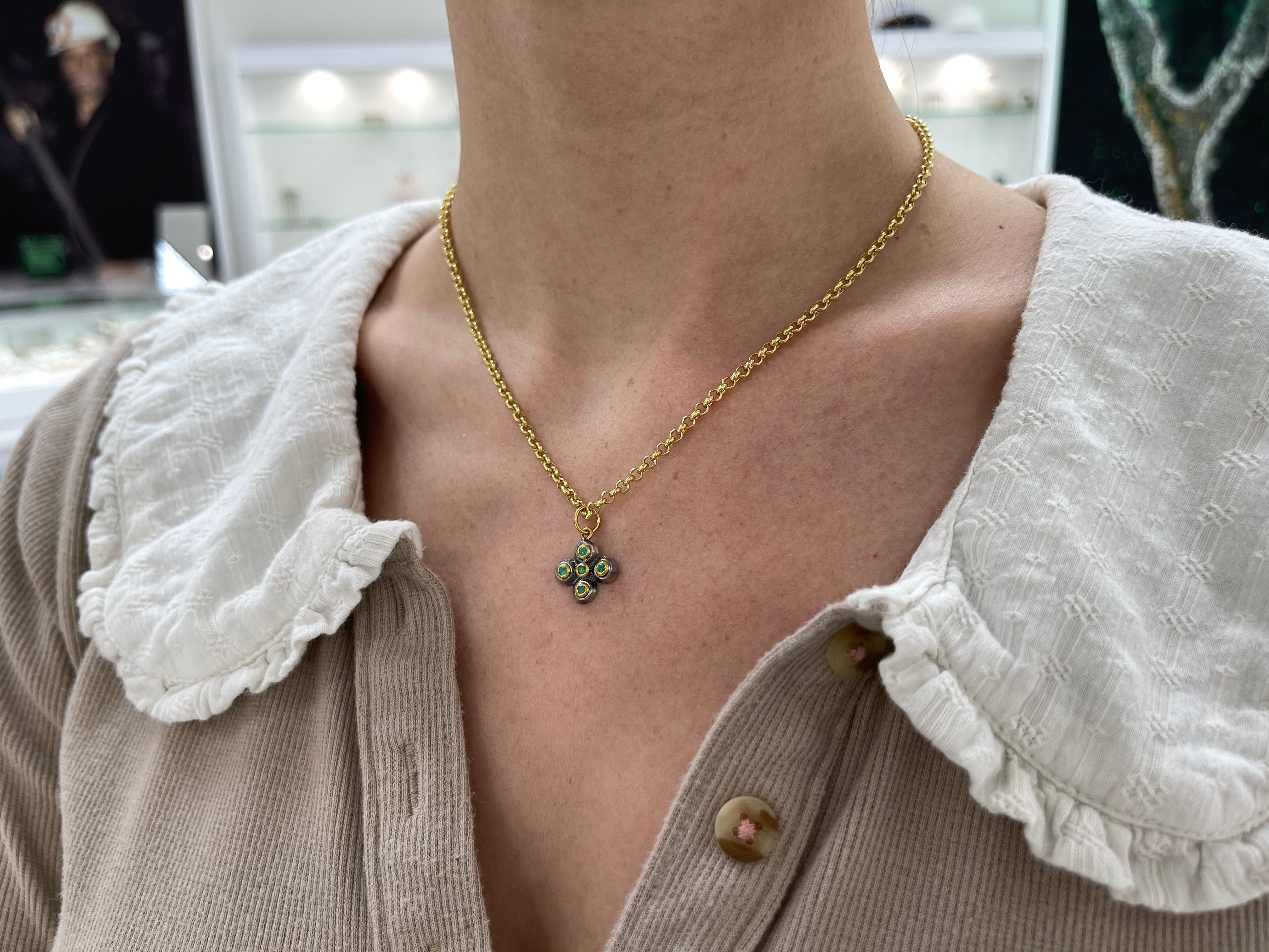 Petite Byzantine 24K Gold & Sterling Silver Emerald Cross Pendant - JR Colombian Emeralds