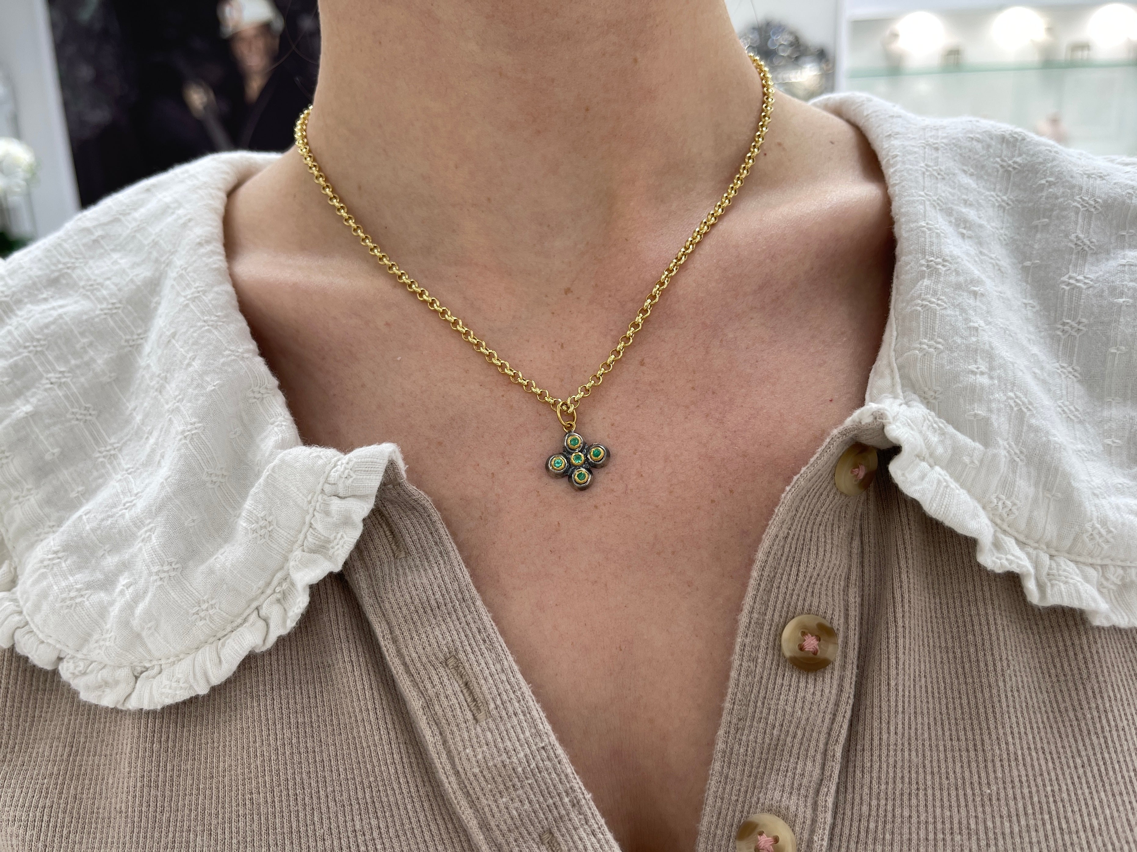 Petite Byzantine 24K Gold & Sterling Silver Emerald Cross Pendant - JR Colombian Emeralds