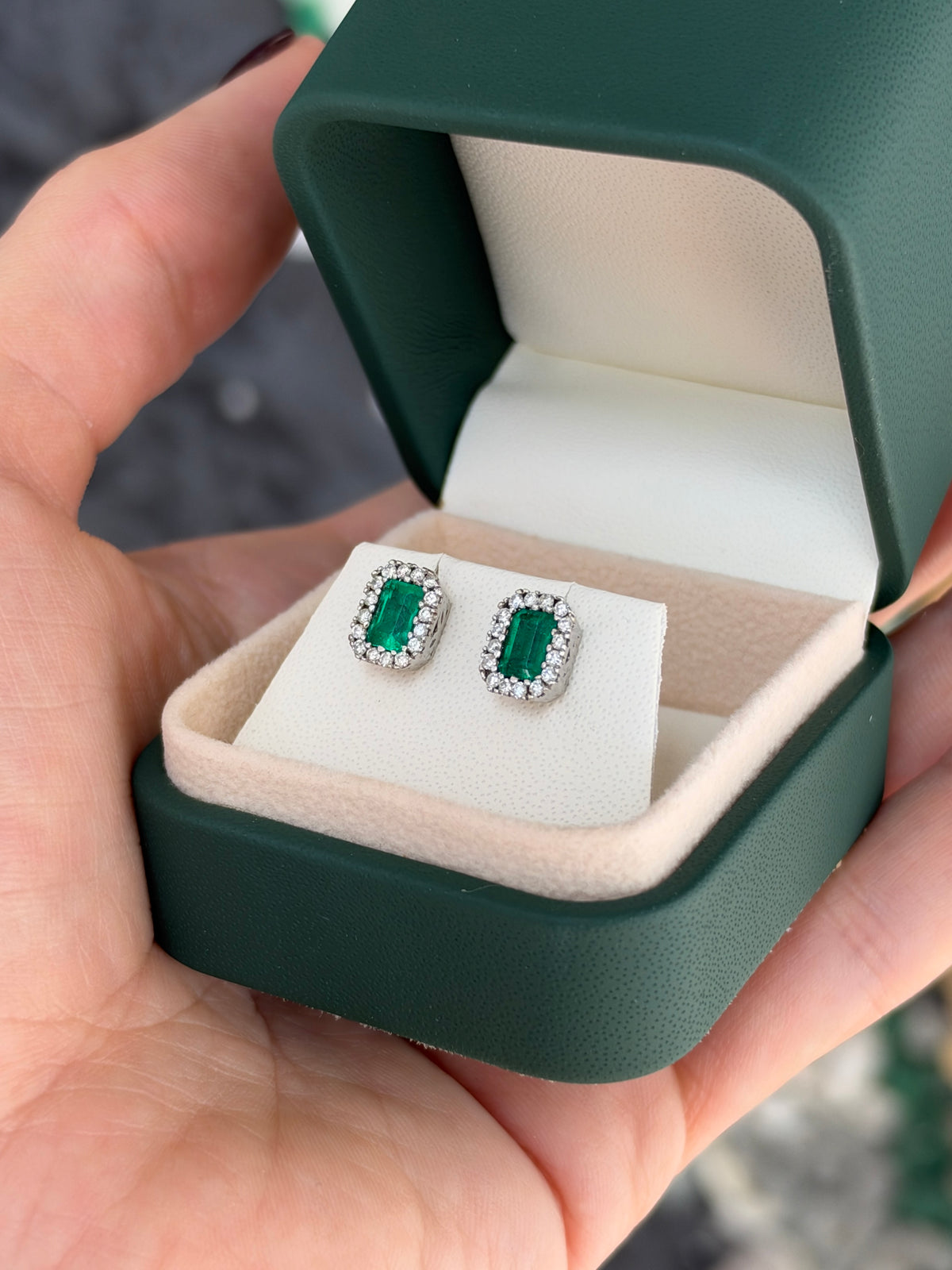 1.68tcw 18K Rich Green Natural Colombian Emerald & Diamond Halo Stud Earrings White Gold