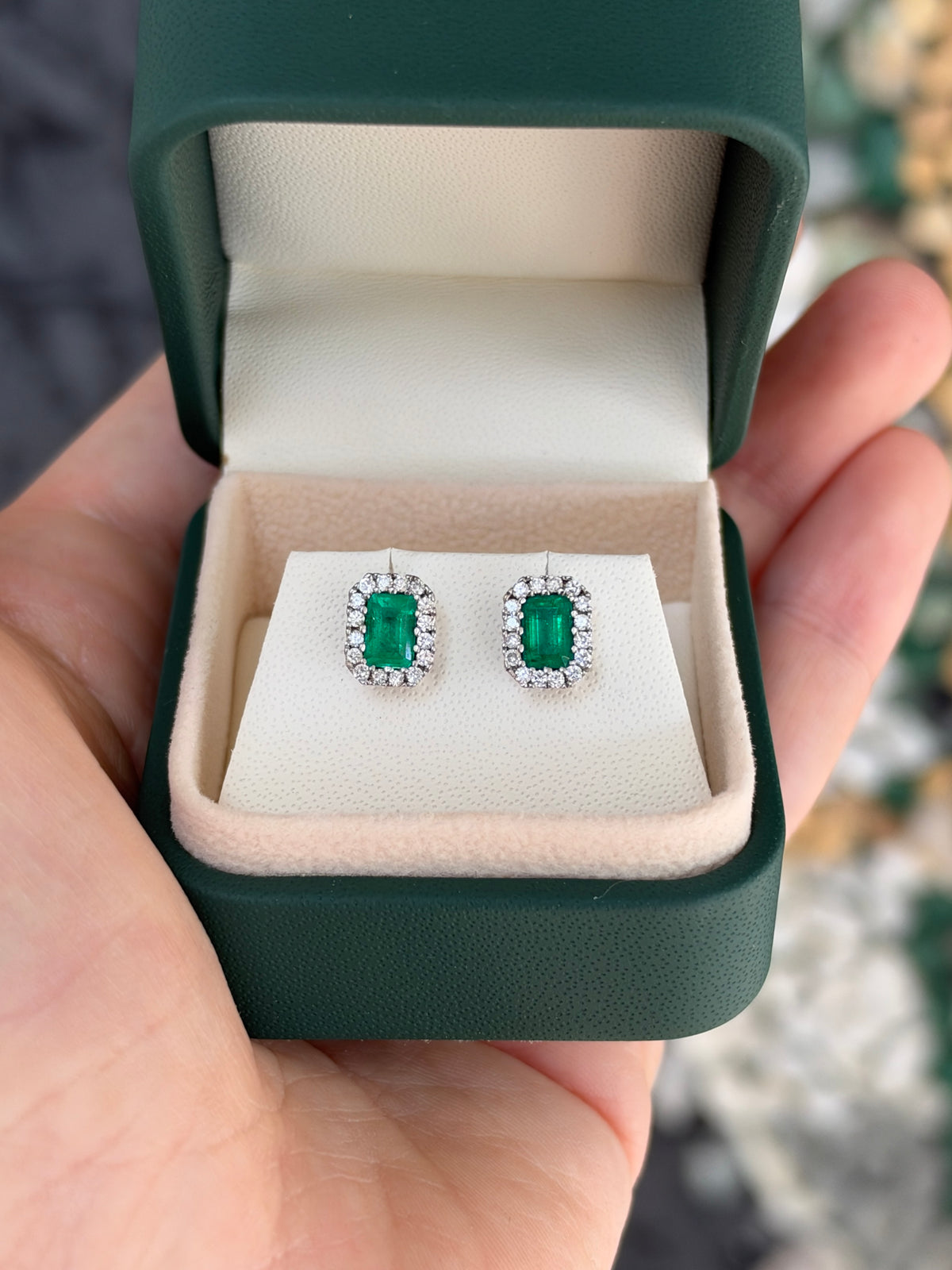 1.68tcw 18K Rich Green Natural Colombian Emerald & Diamond Halo Stud Earrings White Gold