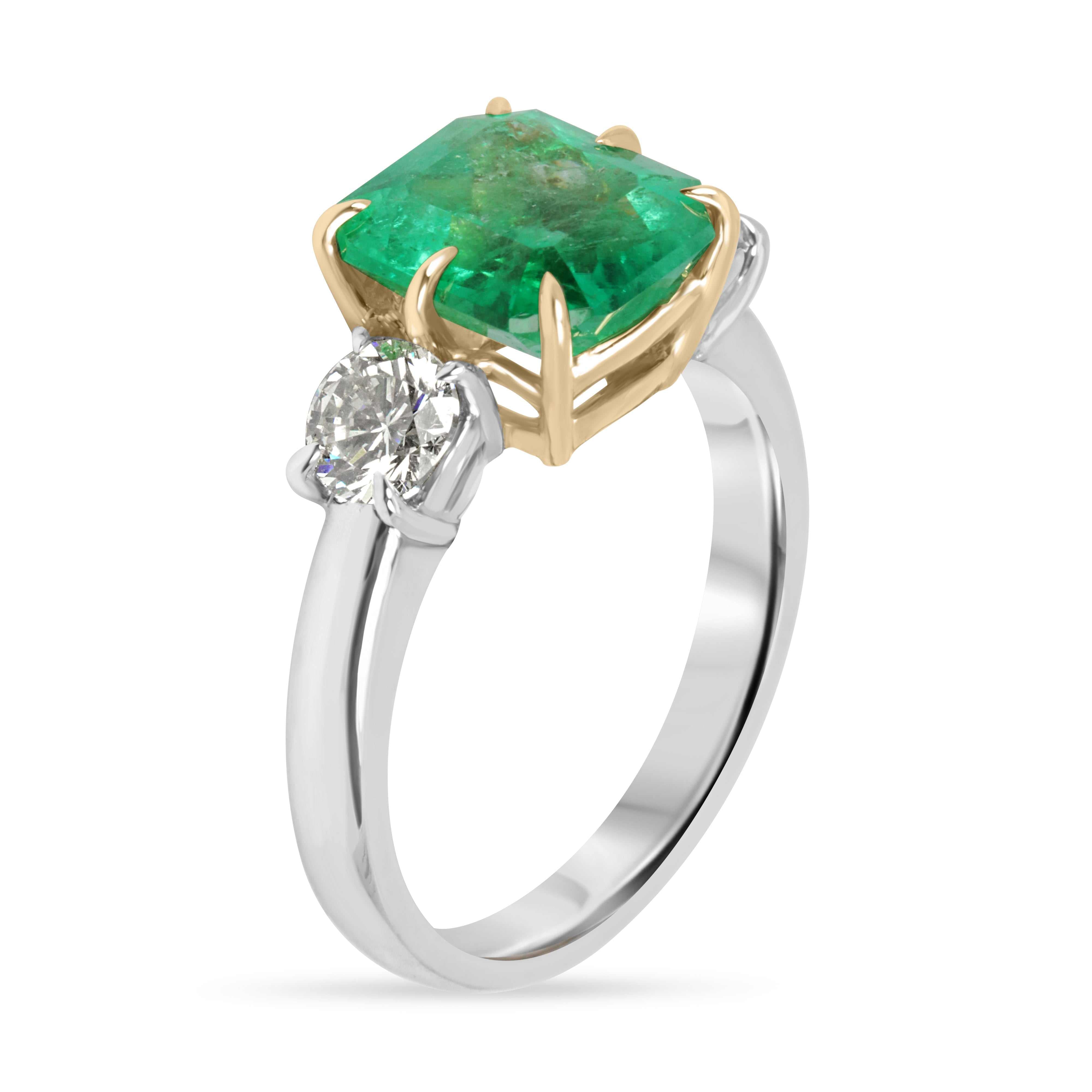 5.20tcw 18K Vivid Colombian Emerald Asscher & Diamond Three Stone Ring