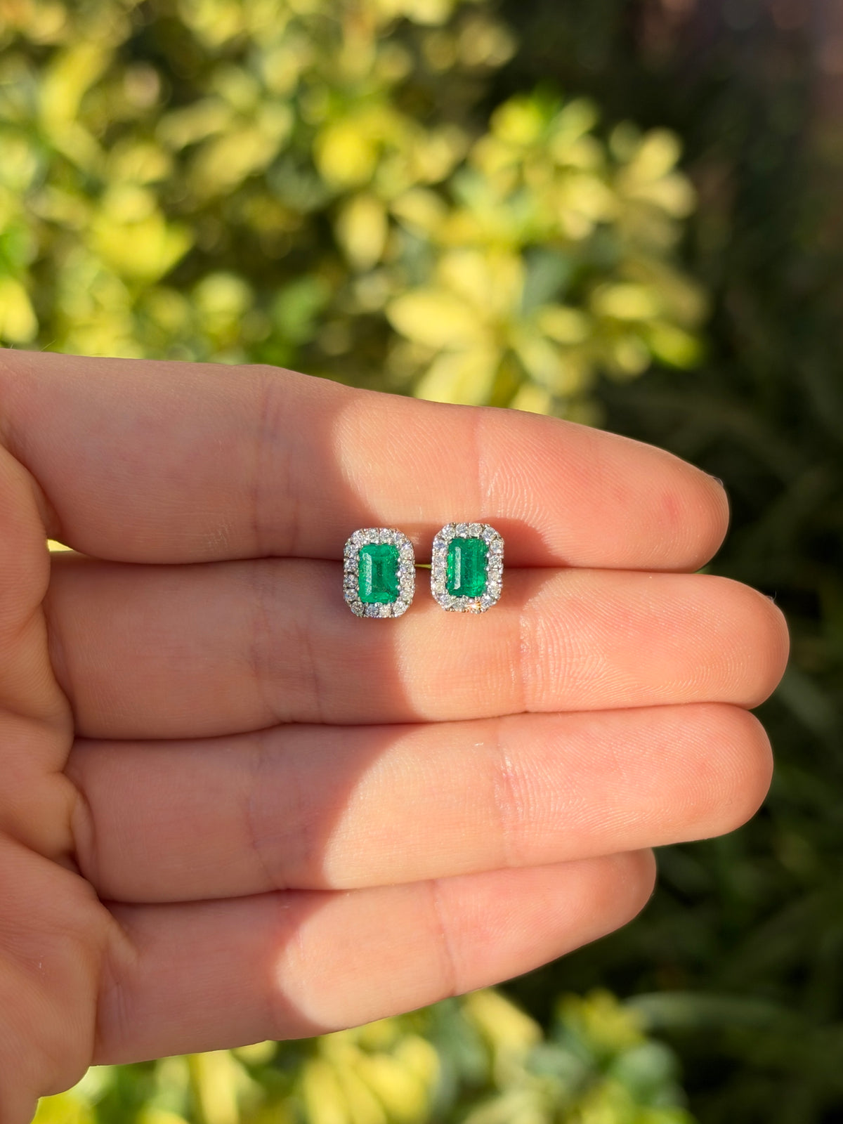 1.68tcw 18K Rich Green Natural Colombian Emerald & Diamond Halo Stud Earrings White Gold