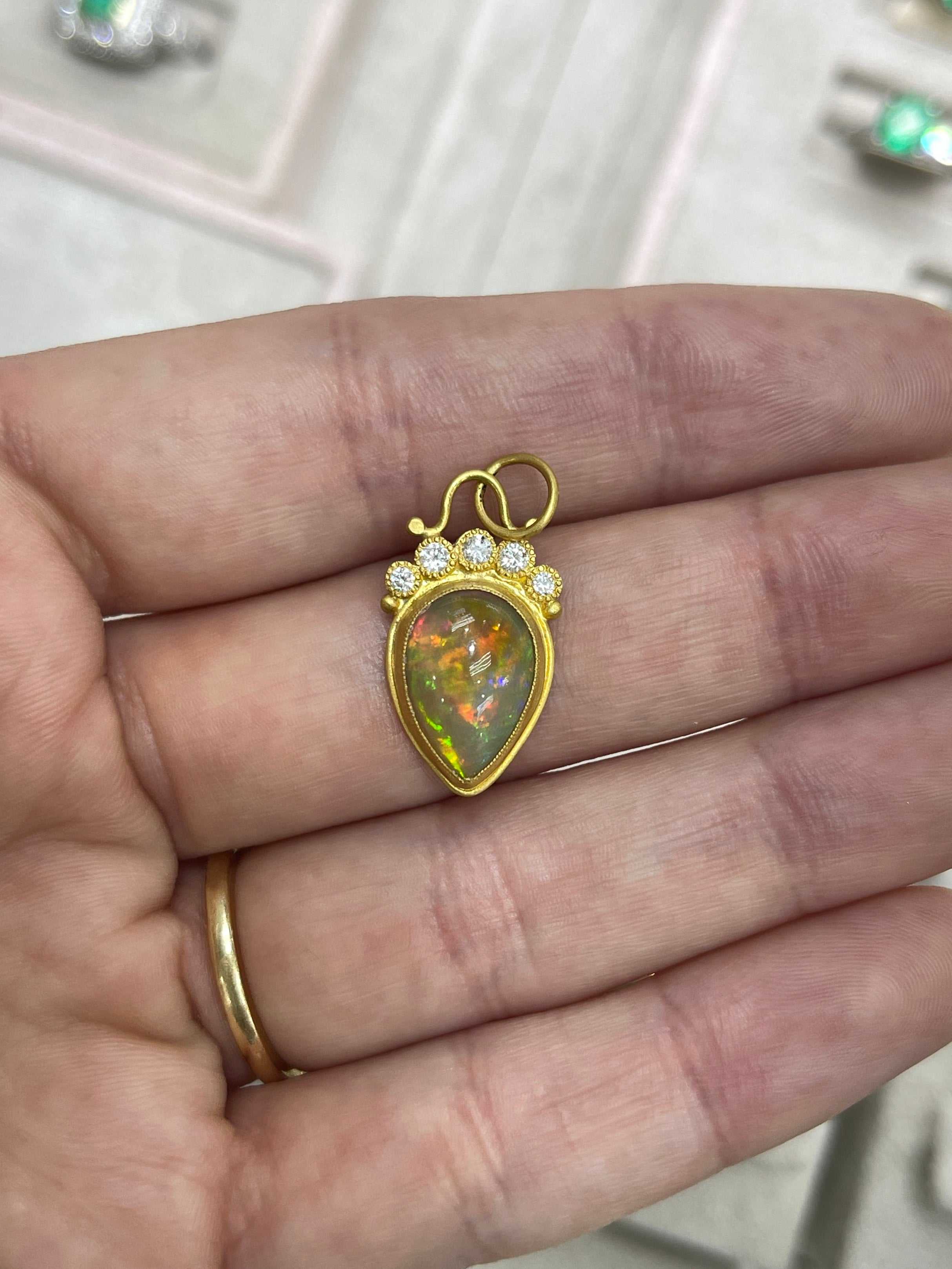 4.13tcw 24K Gold Crystal Opal & Diamond Tiara Pendant - JR Colombian Emeralds