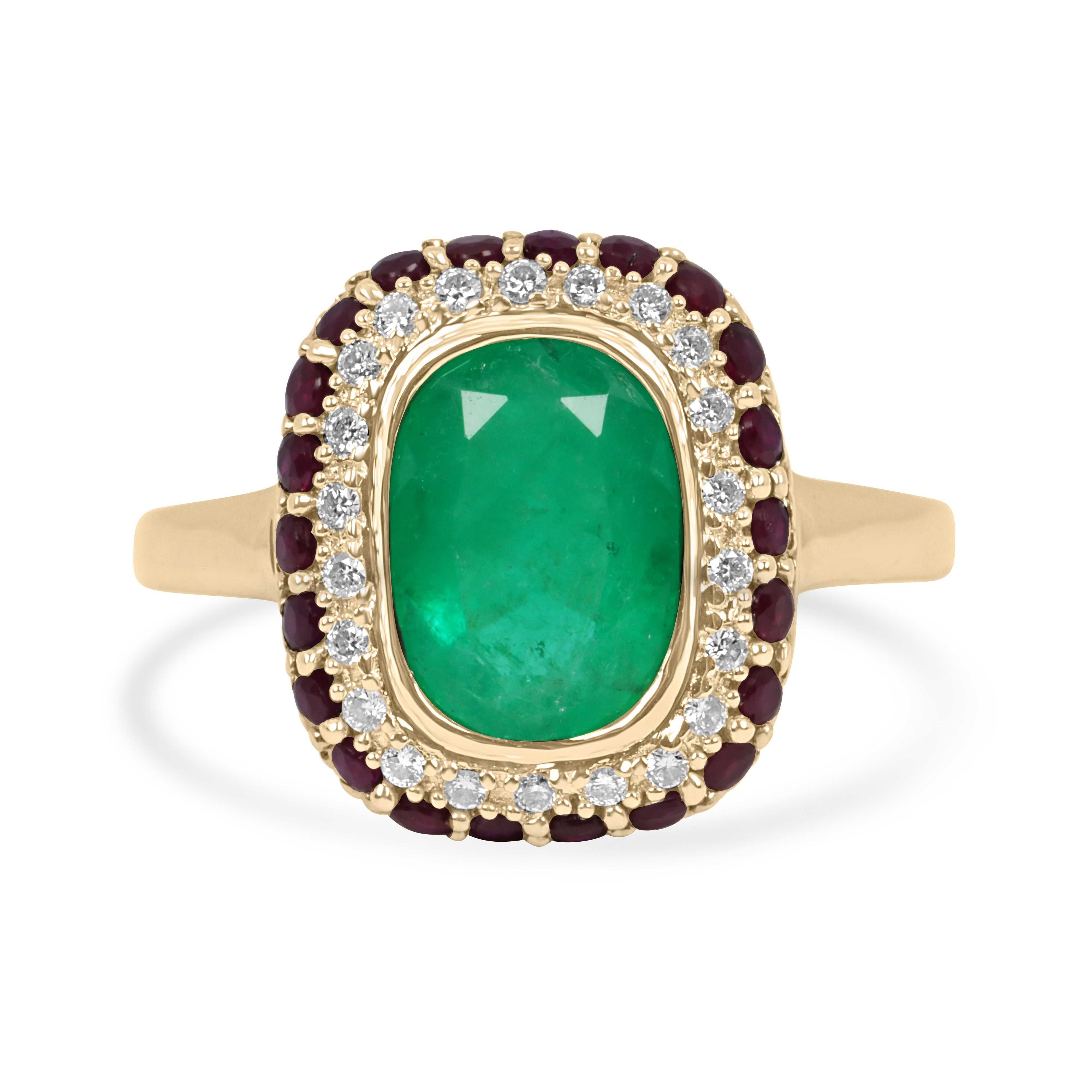 3.51tcw cushion cut Colombian emerald ring with ruby and diamond halo in 14K gold