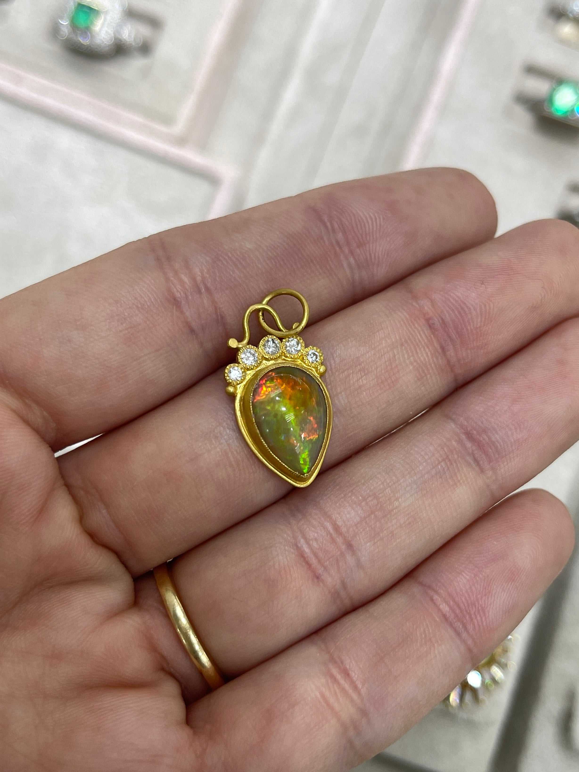 4.13tcw 24K Gold Crystal Opal & Diamond Tiara Pendant - JR Colombian Emeralds