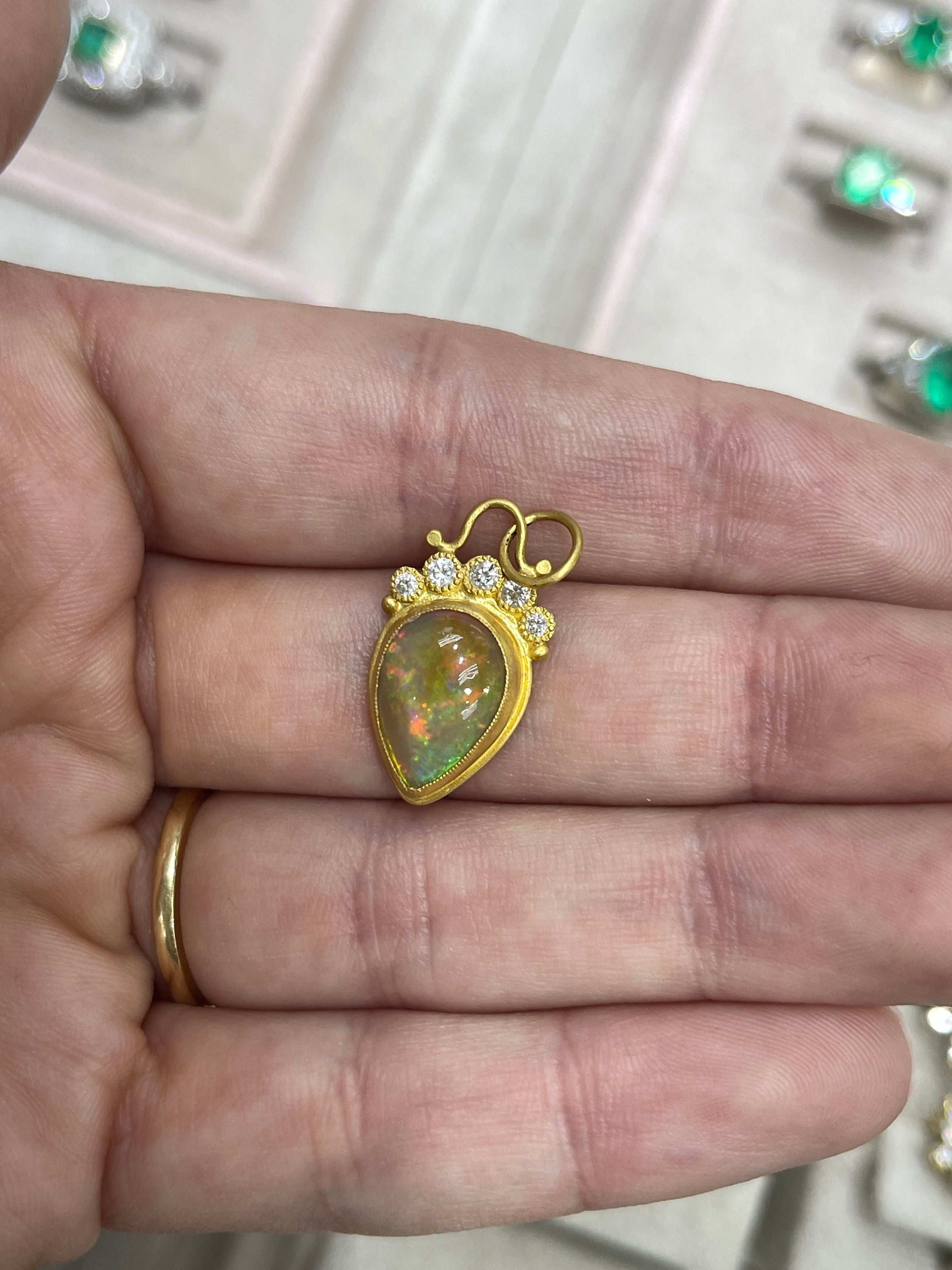 4.13tcw 24K Gold Crystal Opal & Diamond Tiara Pendant - JR Colombian Emeralds