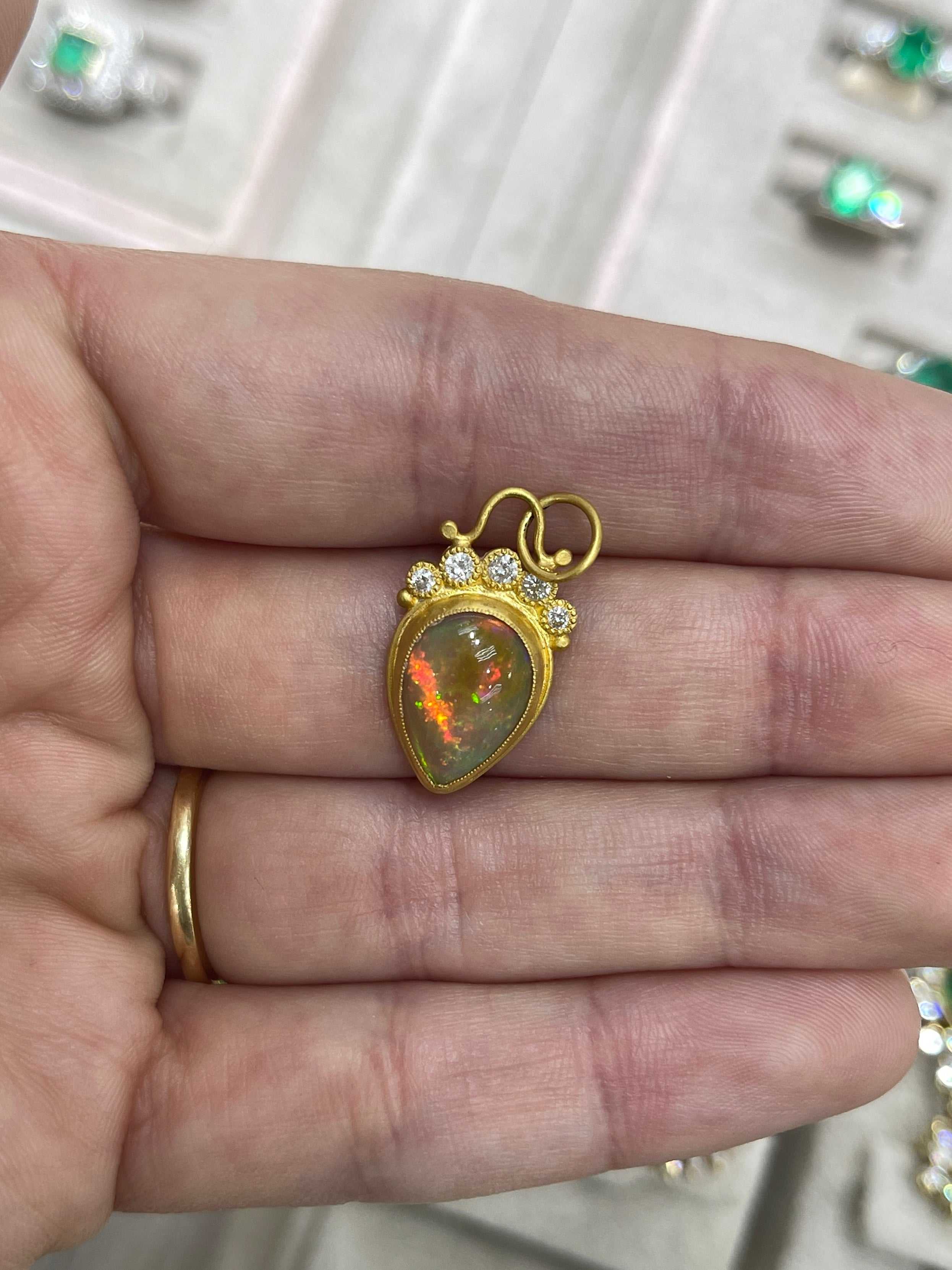 4.13tcw 24K Gold Crystal Opal & Diamond Tiara Pendant - JR Colombian Emeralds