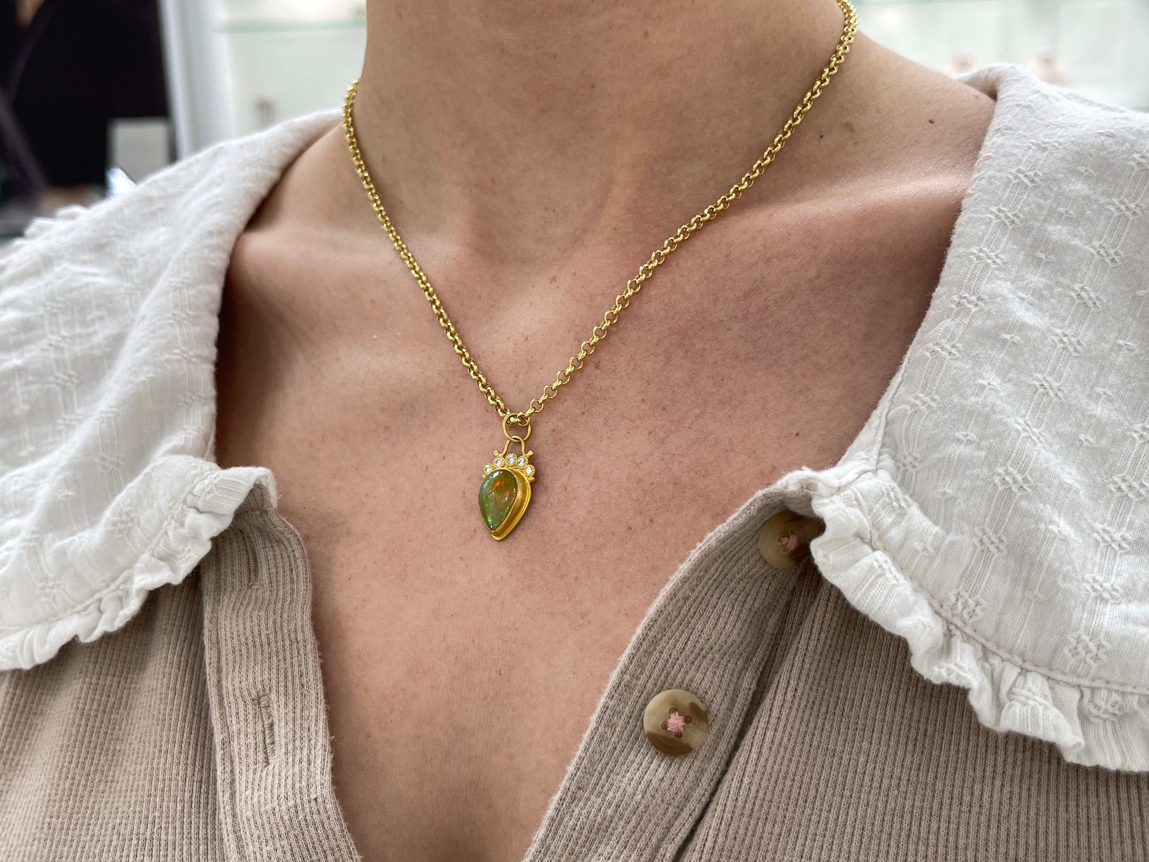 4.13tcw 24K Gold Crystal Opal & Diamond Tiara Pendant - JR Colombian Emeralds