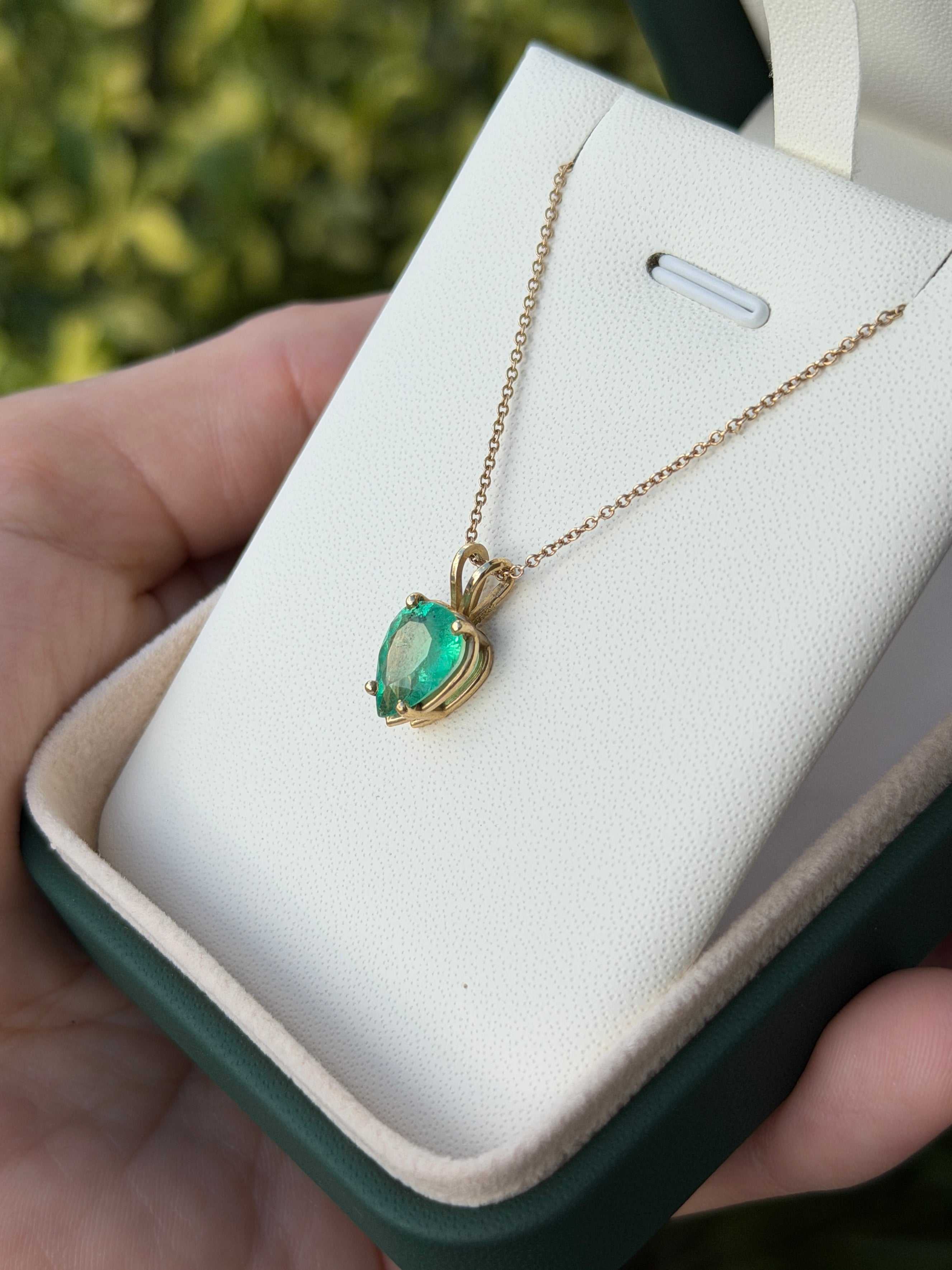 2.82cts Inverted Colombian Emerald-Pear Cut Solitaire Necklace 14K