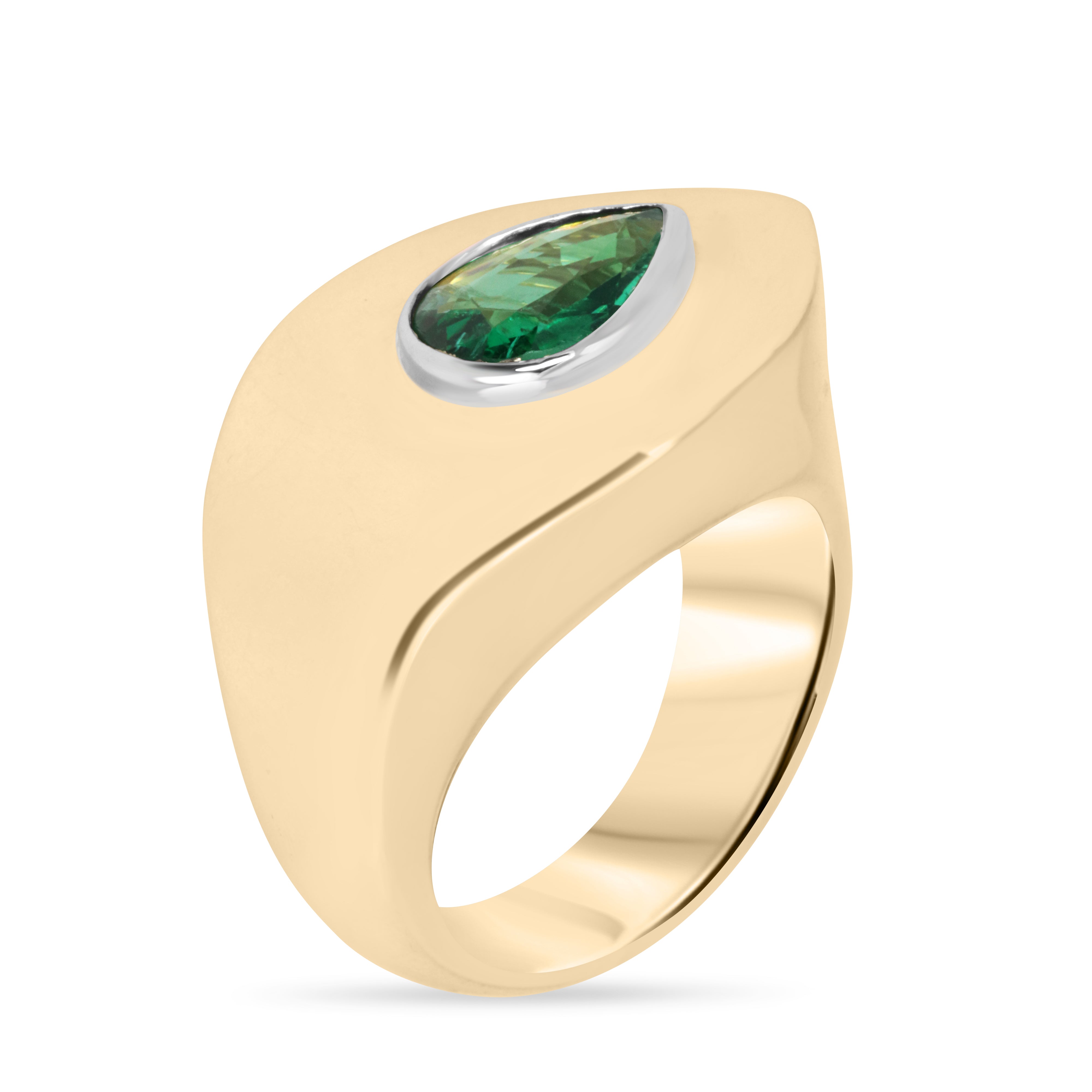 1.07cts XL East to West Pear Emerald Bezel Gypsy Ring 18K Two-Toned
