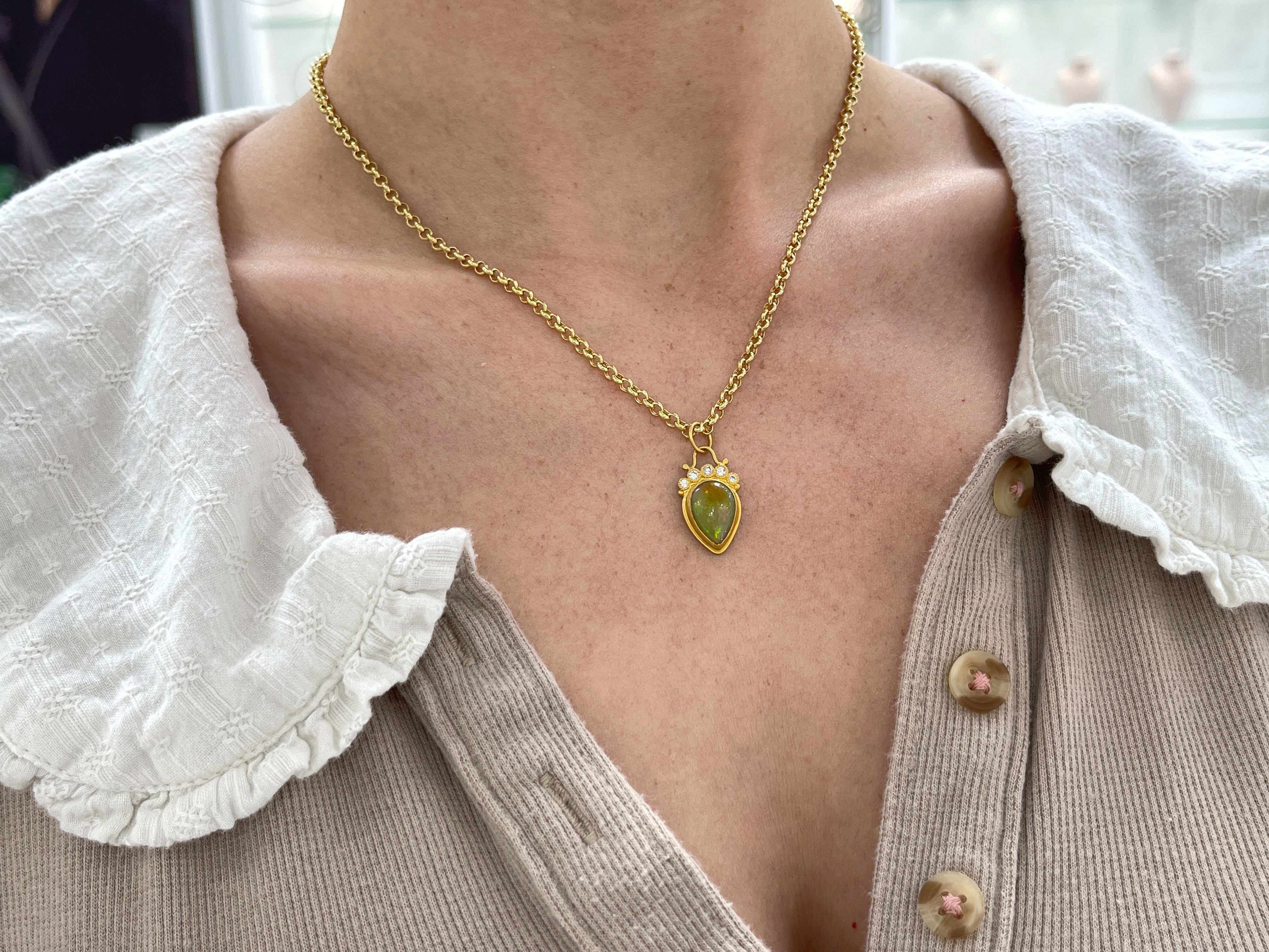 4.13tcw 24K Gold Crystal Opal & Diamond Tiara Pendant - JR Colombian Emeralds