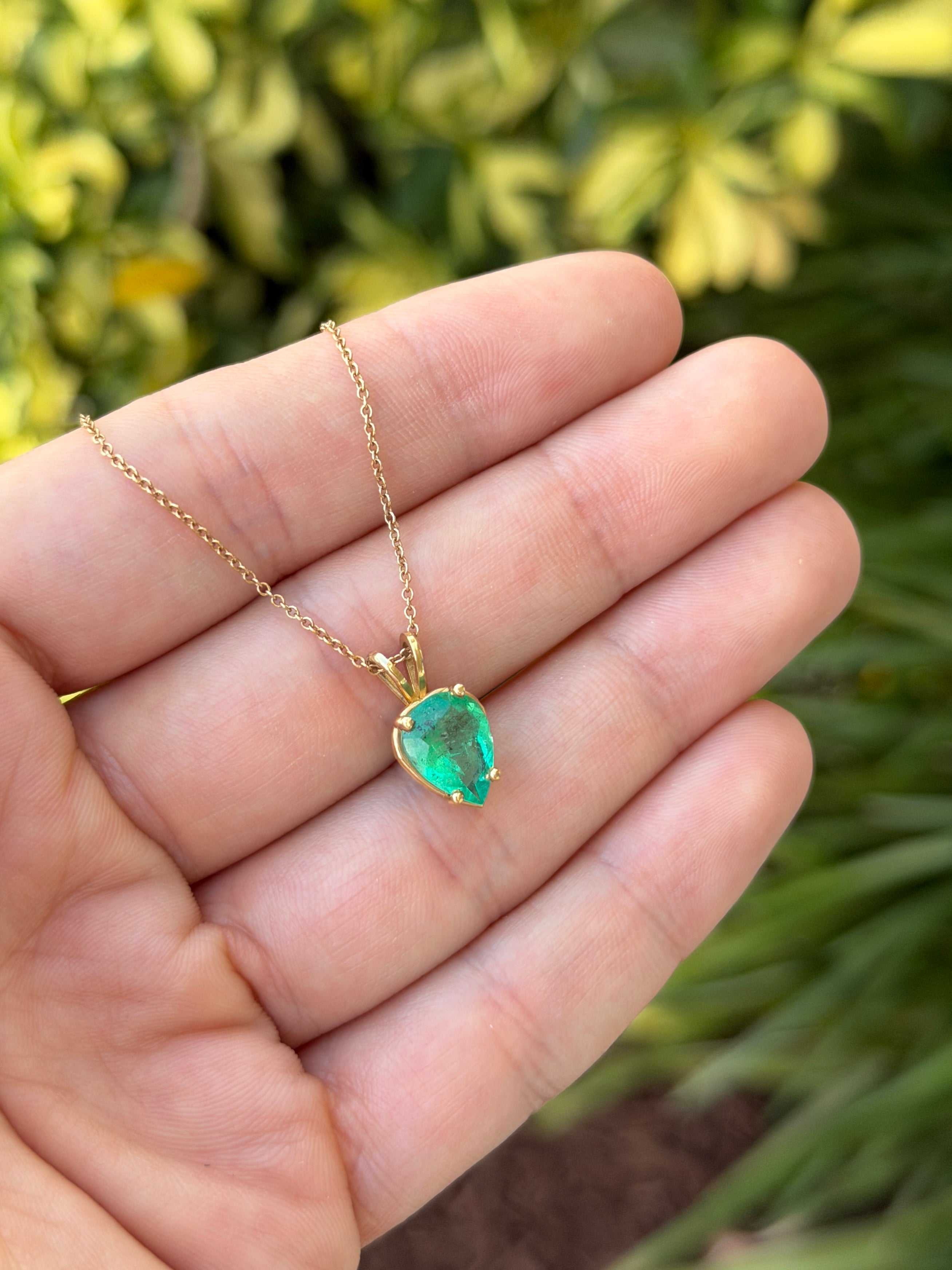 2.82cts Inverted Colombian Emerald-Pear Cut Solitaire Necklace 14K