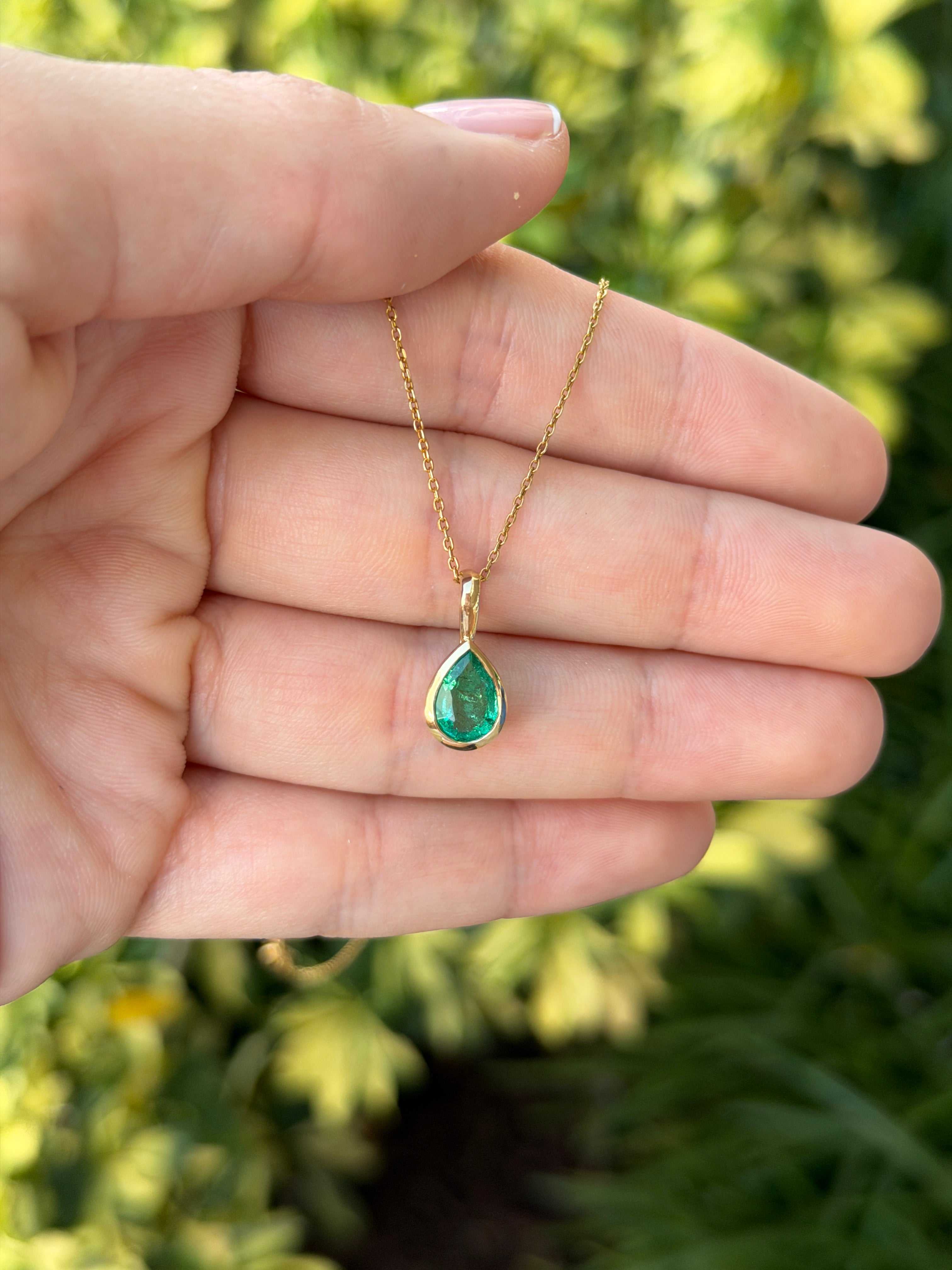 1.0ct Bezel Set Natural Emerald Pear Necklace 14K