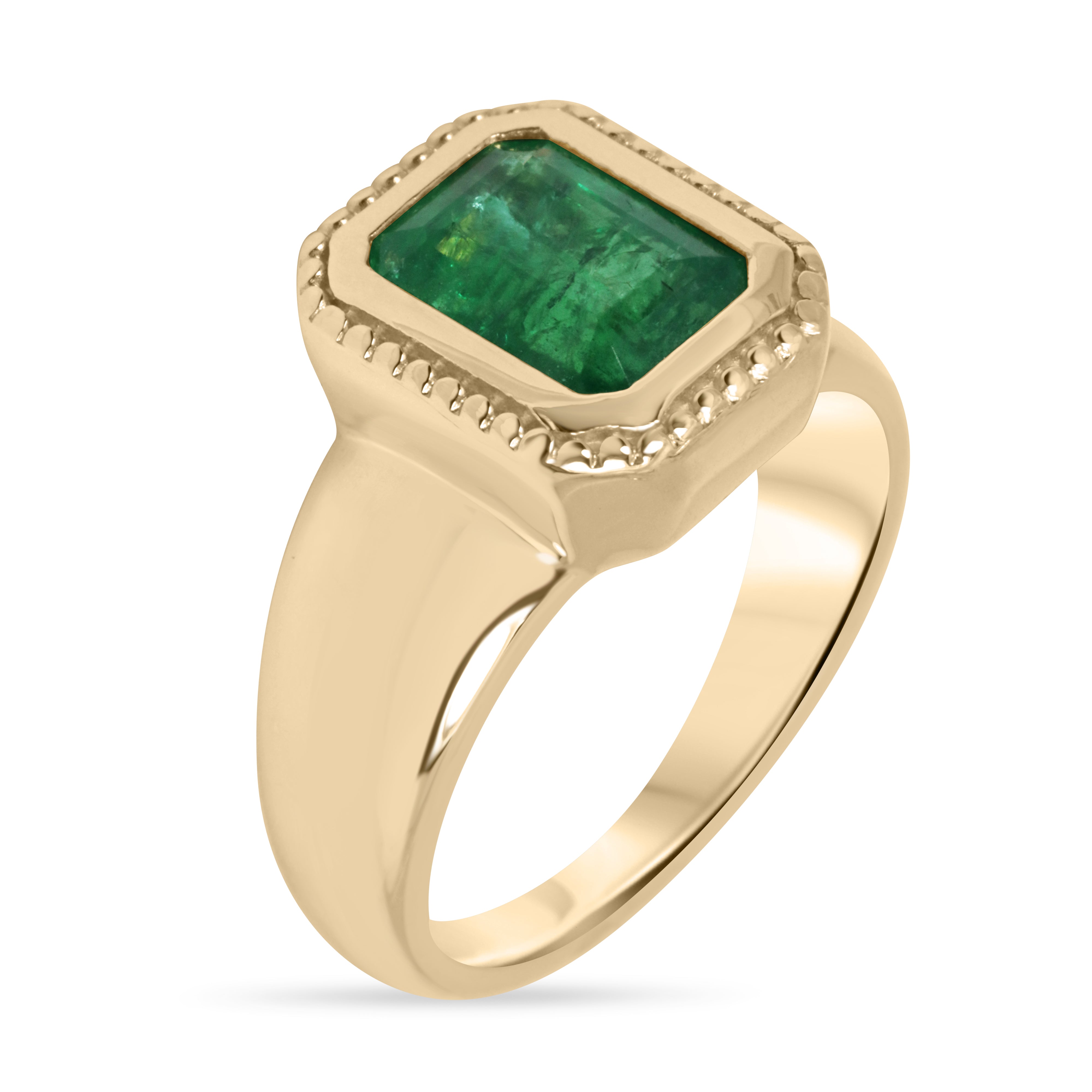 2.20cts Wide Milgrain Bezel Set Emerald Solitaire Ring 14K