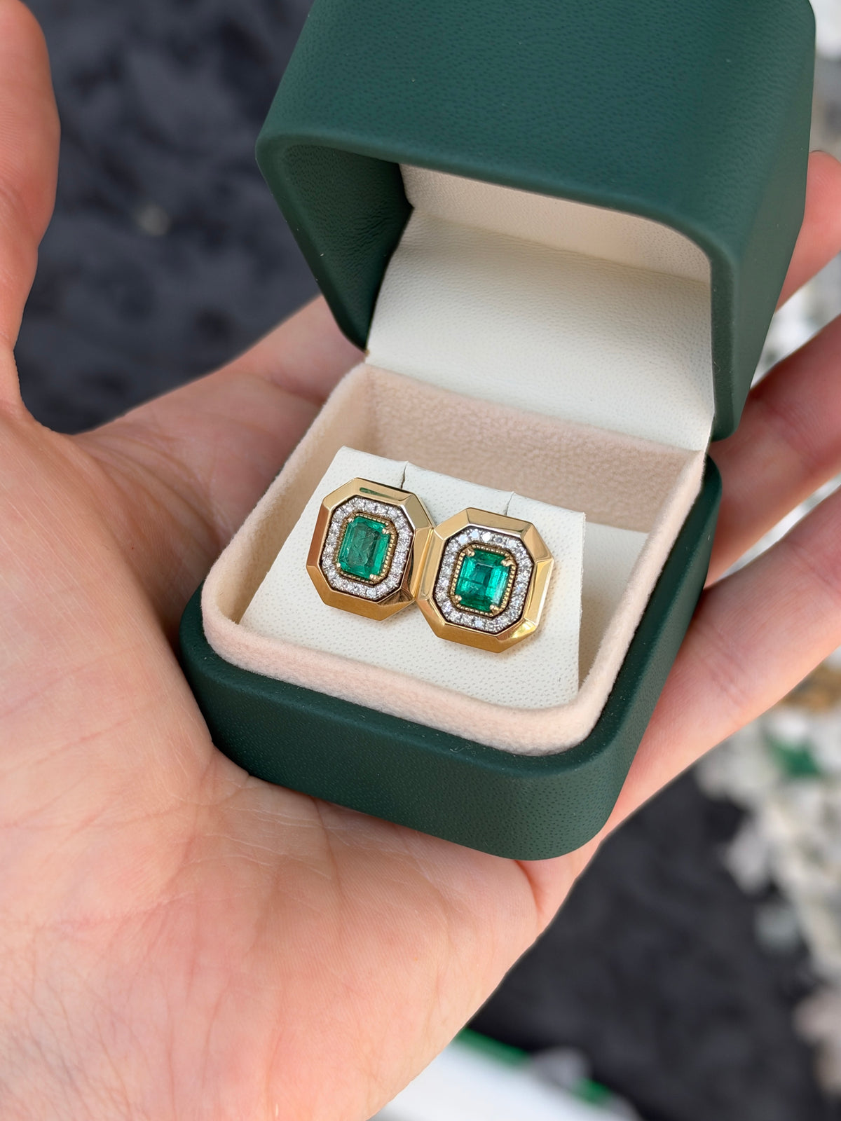 1.94tcw 14K XL Natural Emerald Cut Emerald & Diamond Halo Stud Earrings Two Toned
