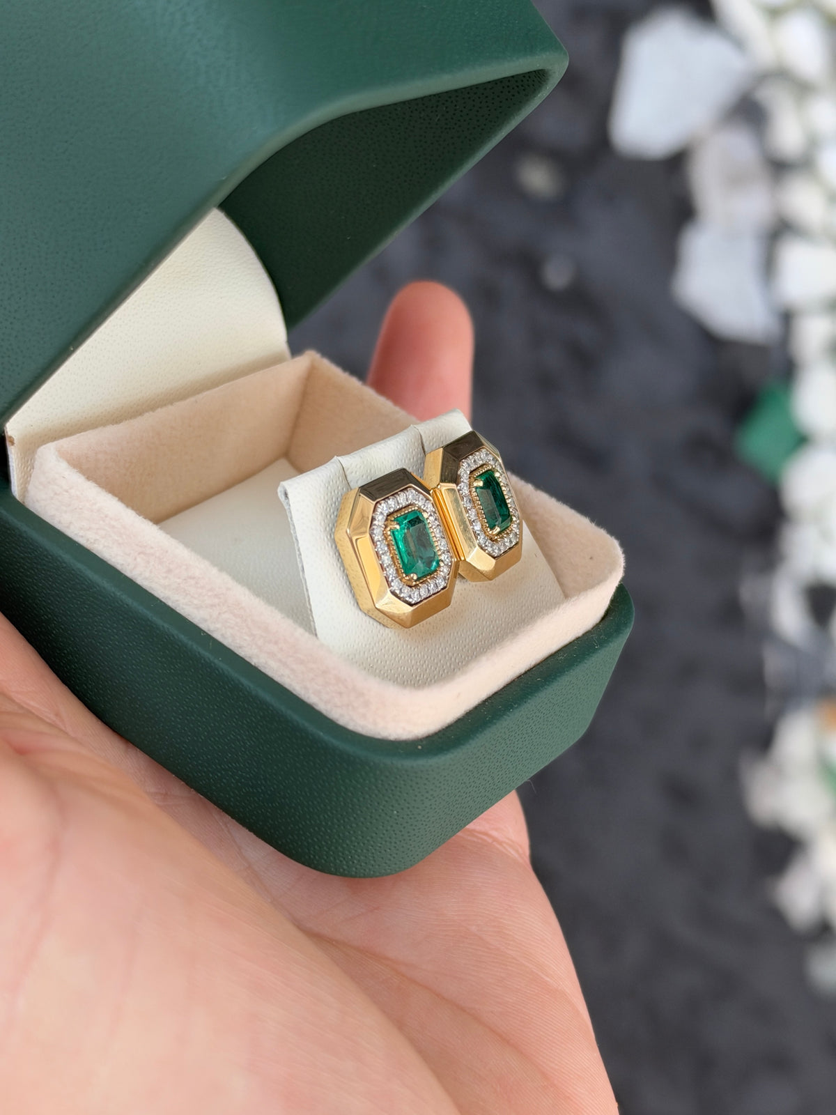 1.94tcw 14K XL Natural Emerald Cut Emerald & Diamond Halo Stud Earrings Two Toned