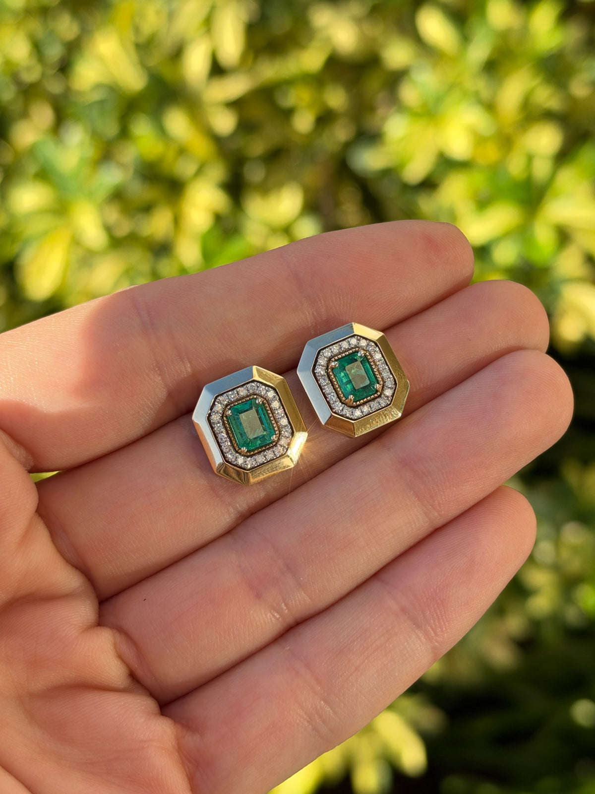 1.94tcw 14K XL Natural Emerald Cut Emerald & Diamond Halo Stud Earrings Two Toned