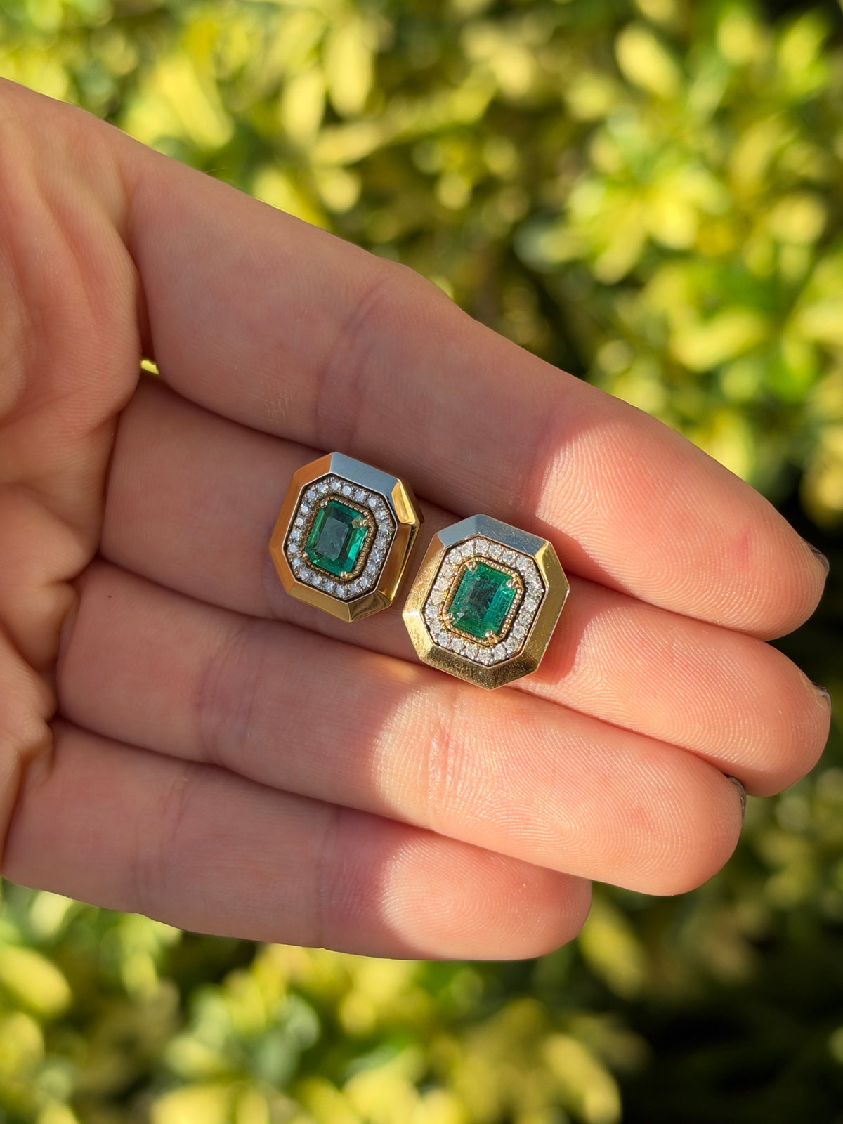 1.94tcw 14K XL Natural Emerald Cut Emerald & Diamond Halo Stud Earrings Two Toned