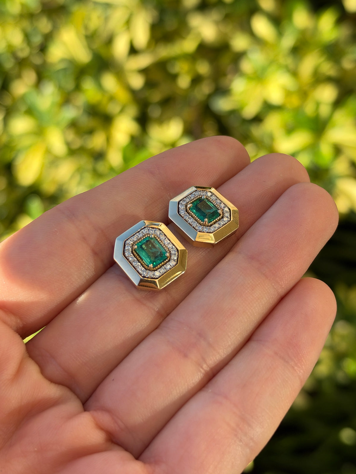 1.94tcw 14K XL Natural Emerald Cut Emerald & Diamond Halo Stud Earrings Two Toned