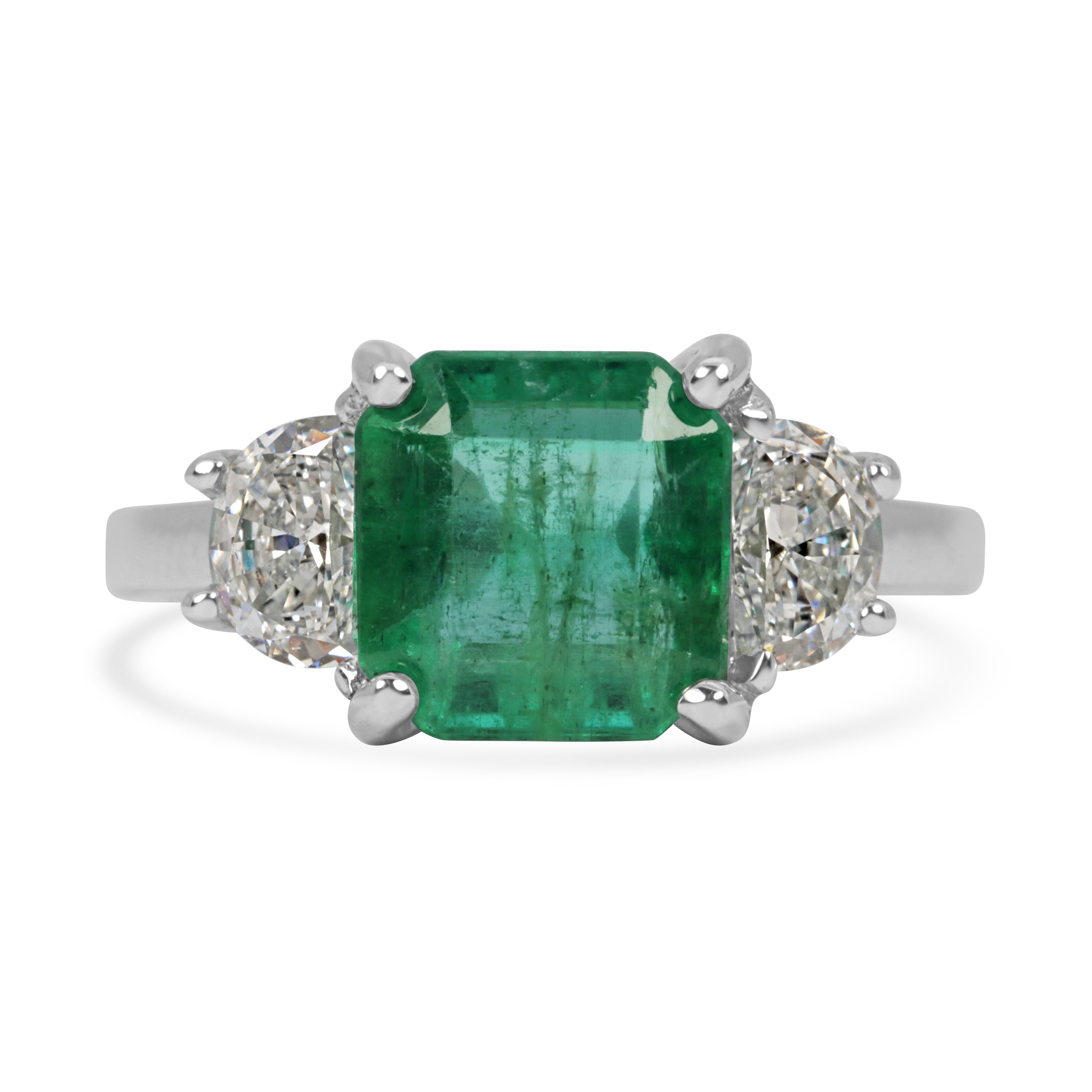 3.25tcw Natural Emerald & Lab Half Moon Diamond 14K Three Stone Ring White Gold - JR Colombian Emeralds