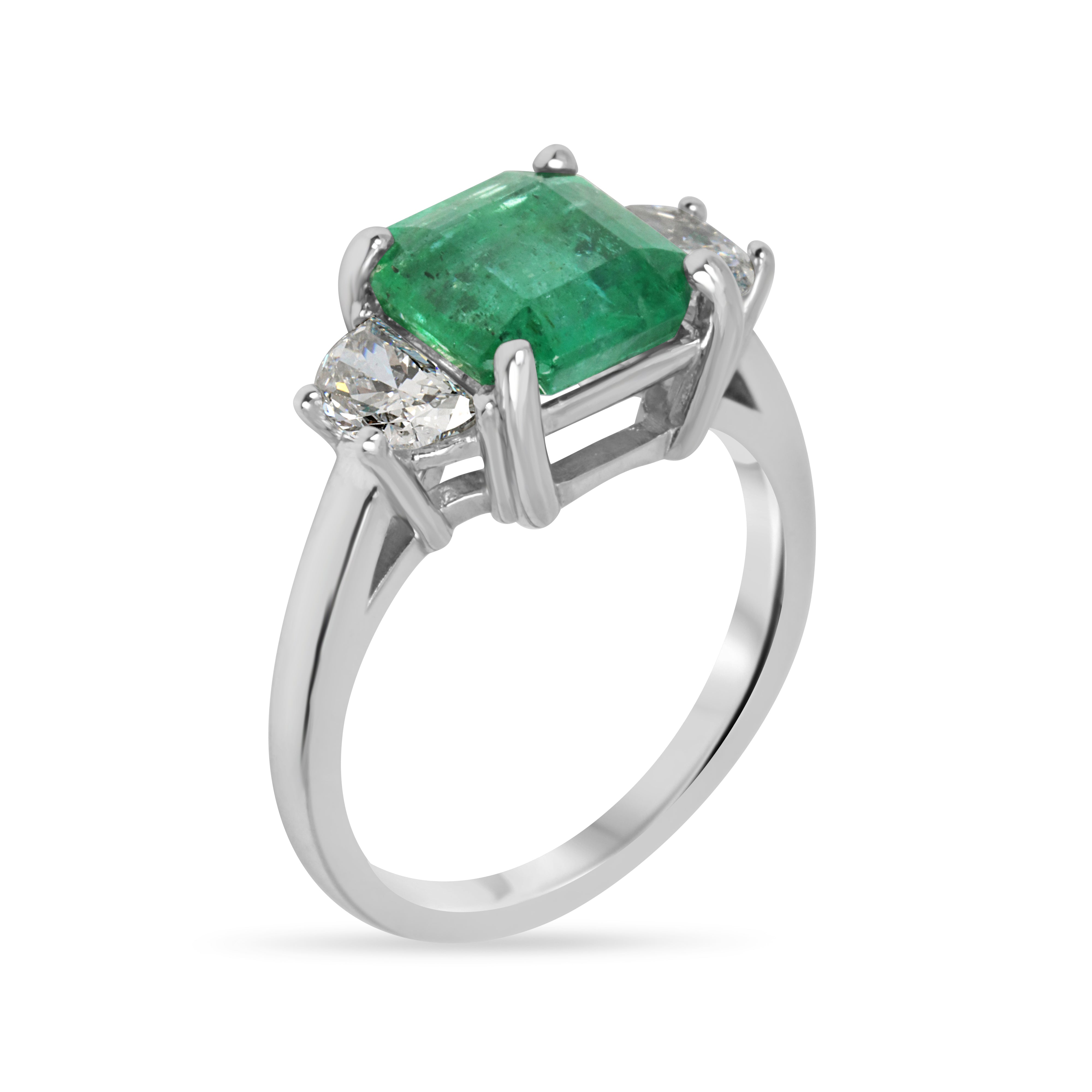 3.25tcw Natural Emerald & Lab Half Moon Diamond 14K Three Stone Ring White Gold - JR Colombian Emeralds