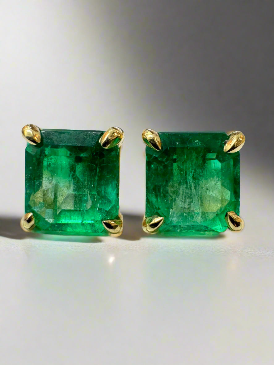 1.98 Carat Total Colombian Emerald Stud Earrings in 18K Gold-Vivid Green Natural Emeralds