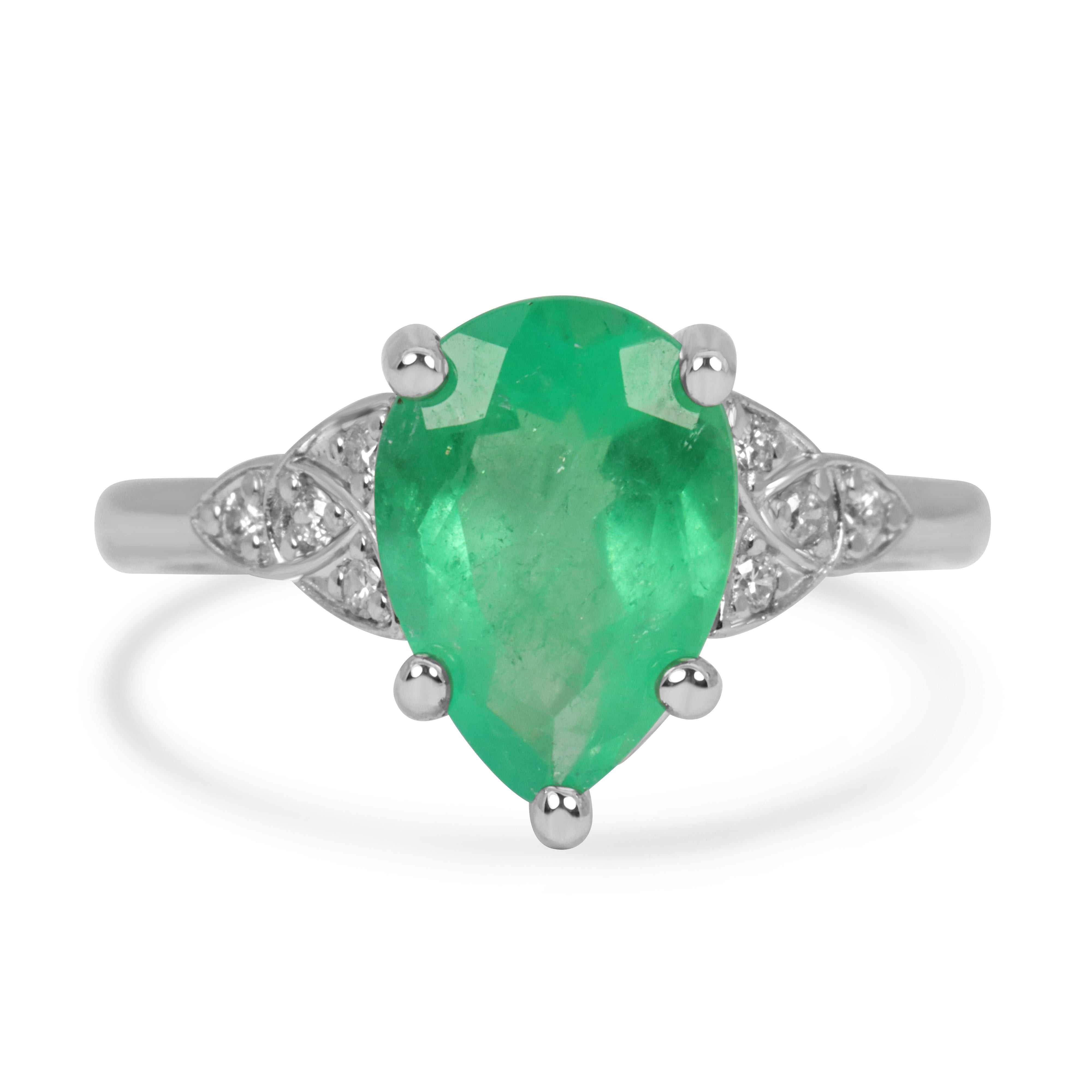 3.11tcw 14K Pear Shaped Emerald & Diamond Accent Ring White Gold