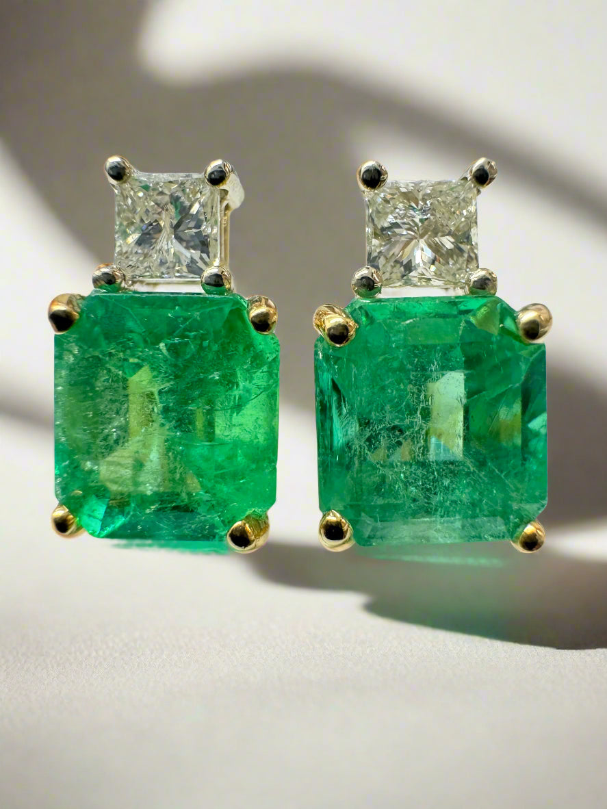 3.10tcw GIA Certified Colombian Emerald & Princess Cut Diamond Earrings 18K Two Toned Gold