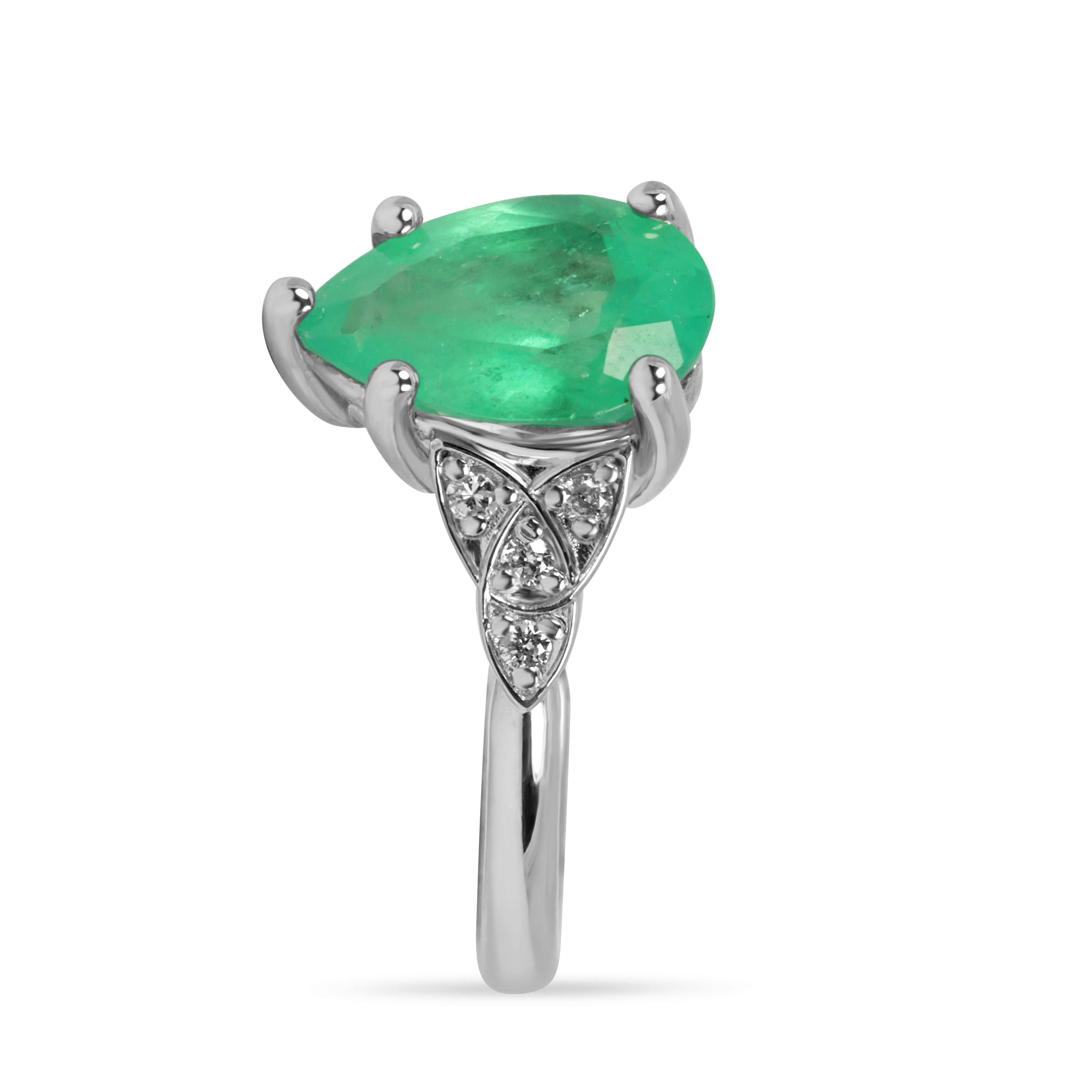 3.11tcw 14K Pear Shaped Emerald & Diamond Accent Ring White Gold