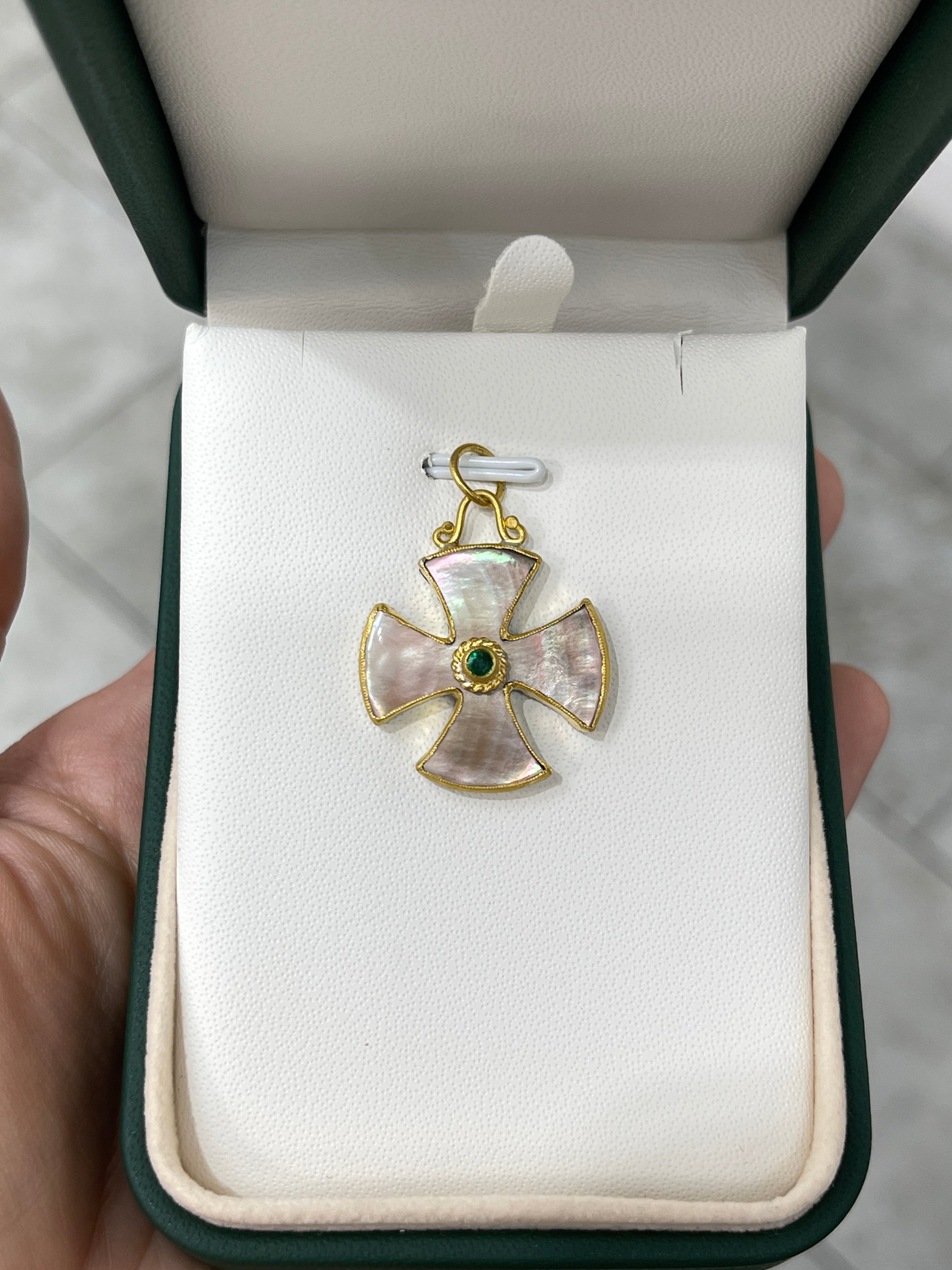 Byzantine 24K Gold & Mother of Pearl Maltese Emerald Cross - JR Colombian Emeralds