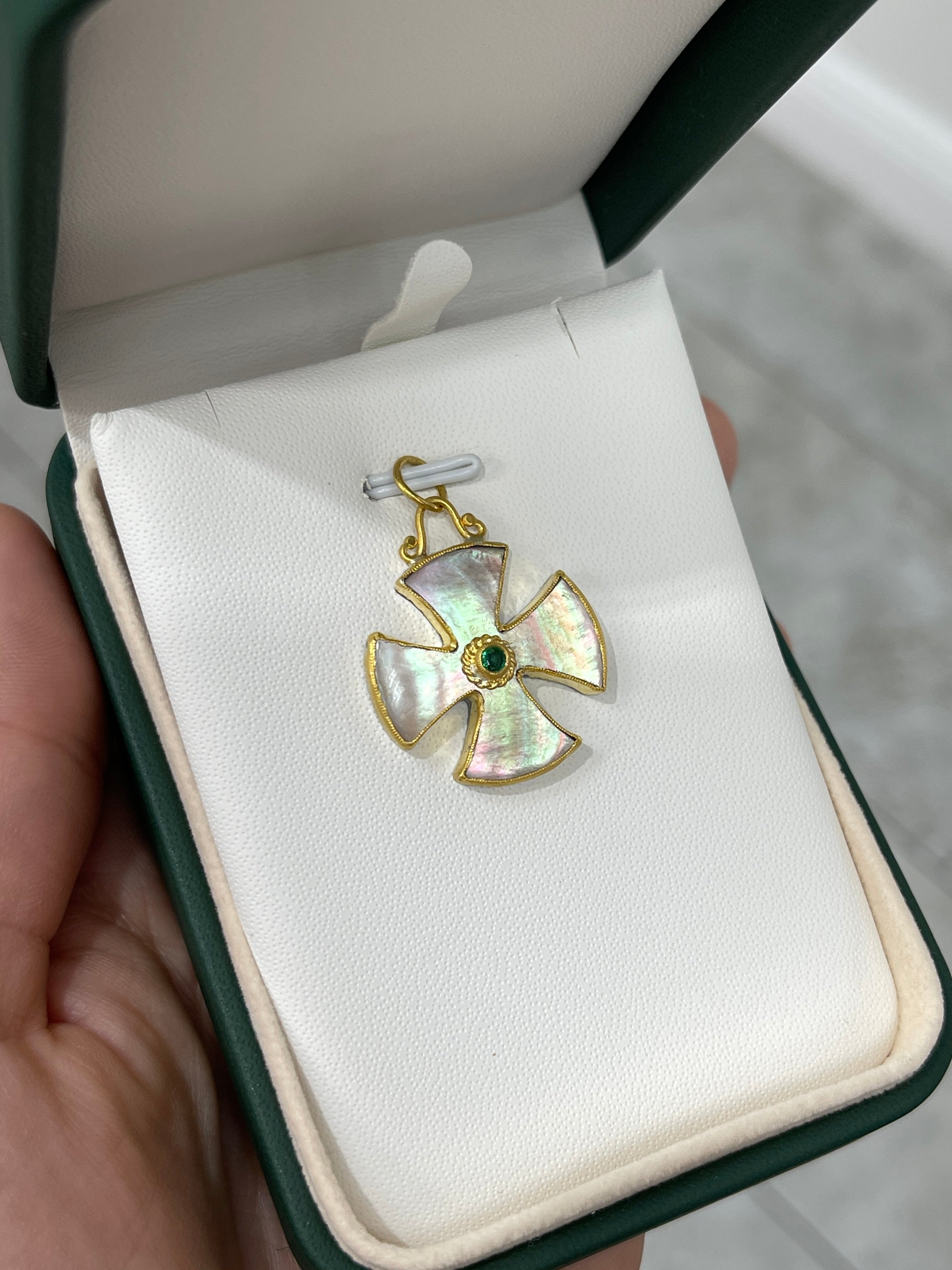 Byzantine 24K Gold & Mother of Pearl Maltese Emerald Cross - JR Colombian Emeralds