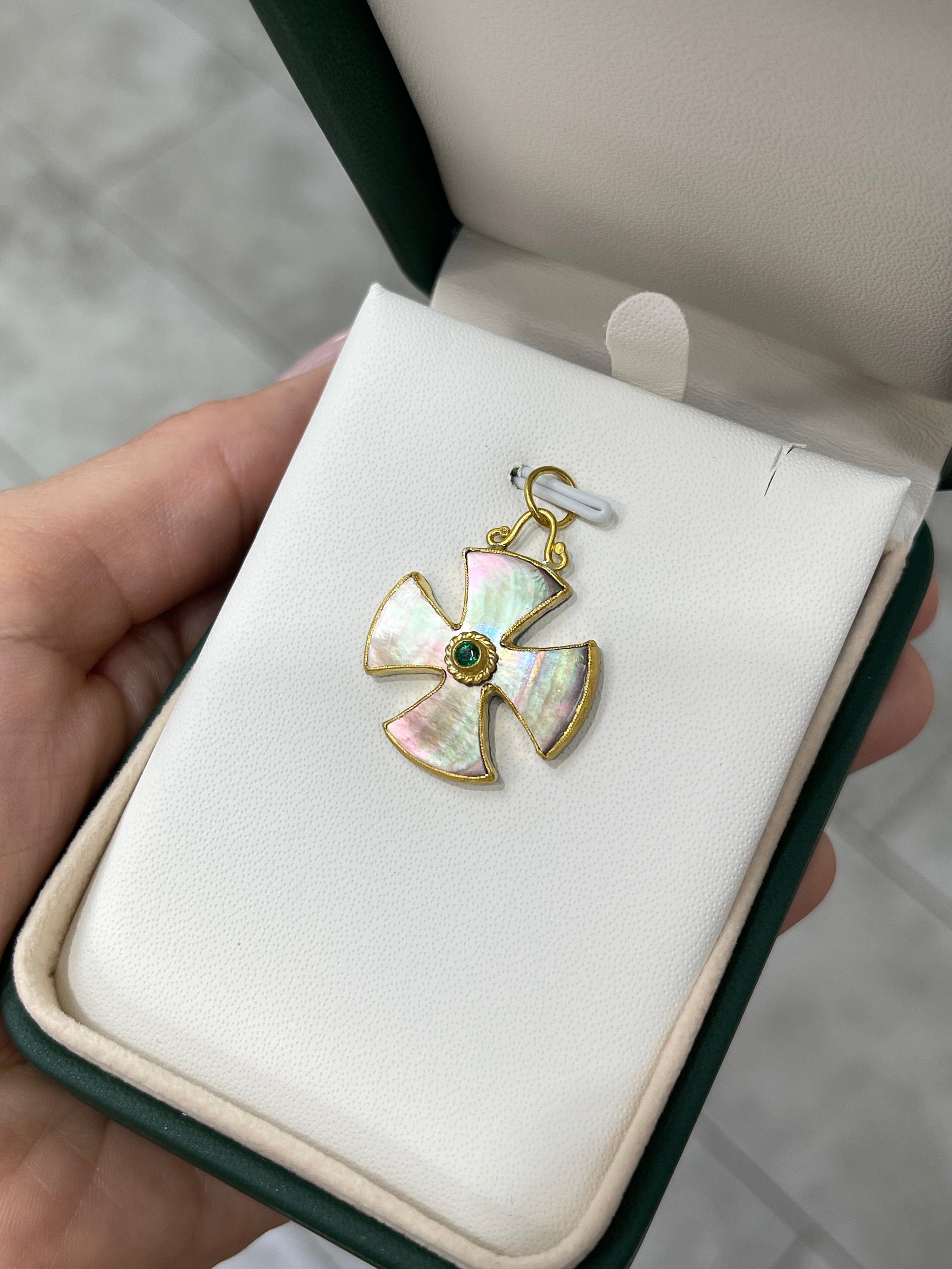 Byzantine 24K Gold & Mother of Pearl Maltese Emerald Cross - JR Colombian Emeralds