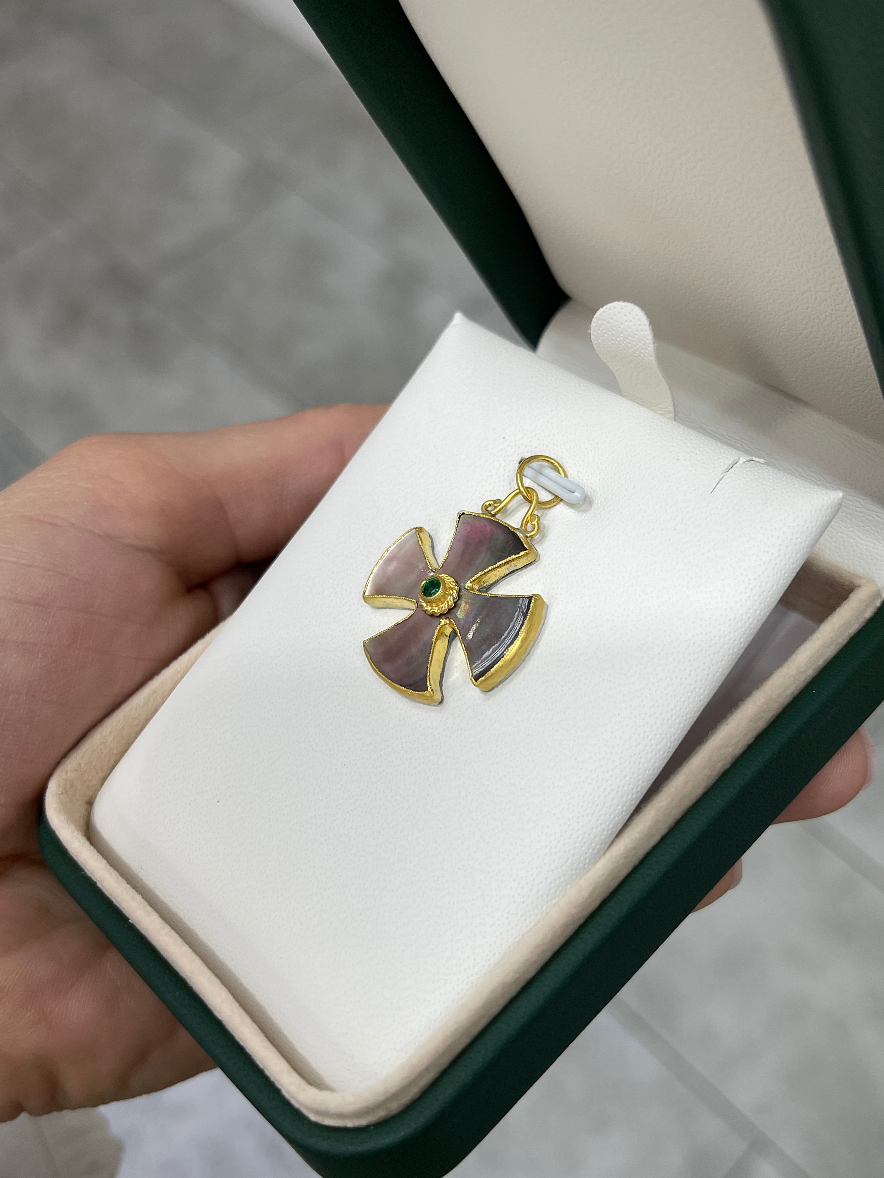 Byzantine 24K Gold & Mother of Pearl Maltese Emerald Cross - JR Colombian Emeralds