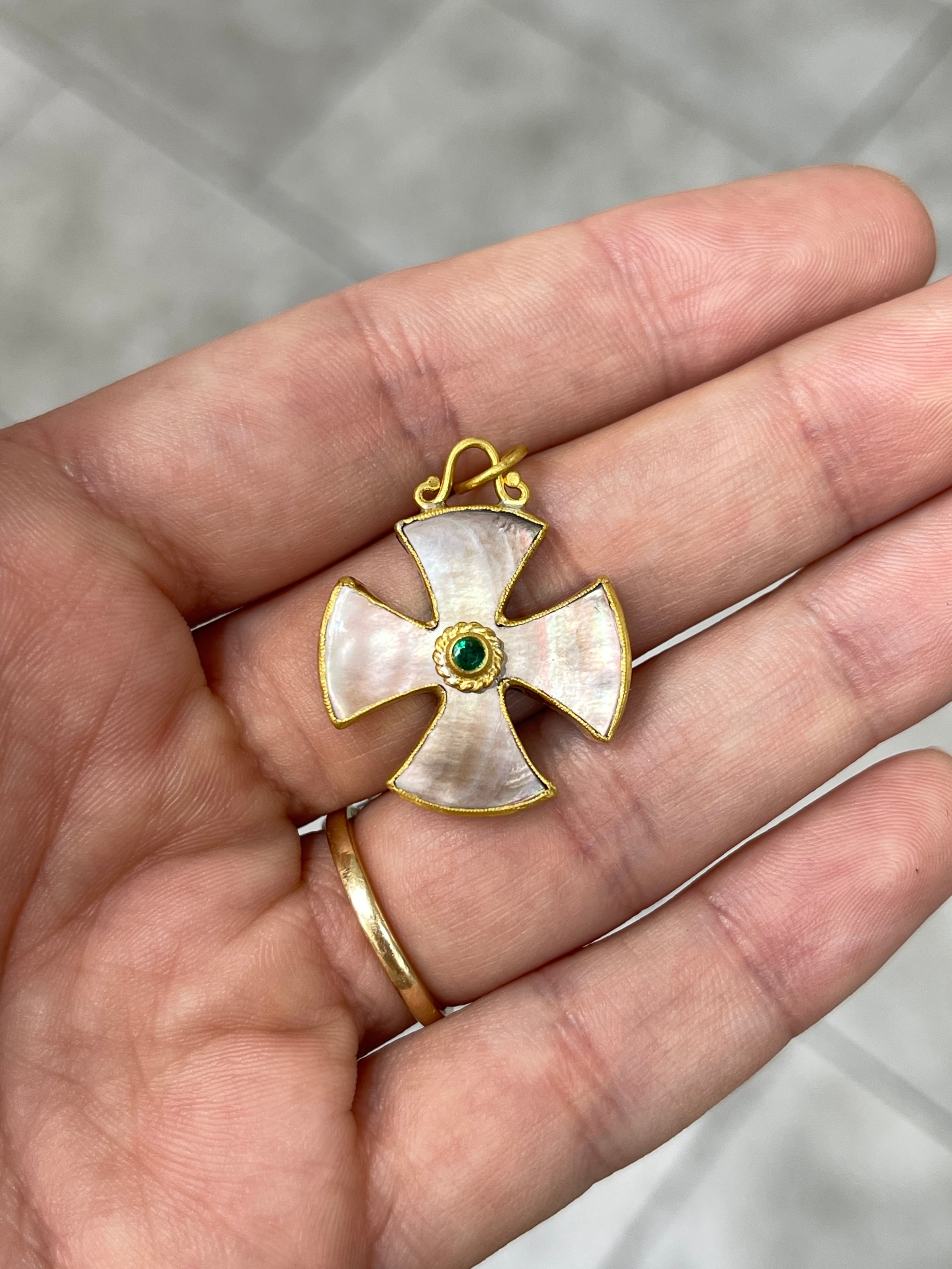 Byzantine 24K Gold & Mother of Pearl Maltese Emerald Cross - JR Colombian Emeralds