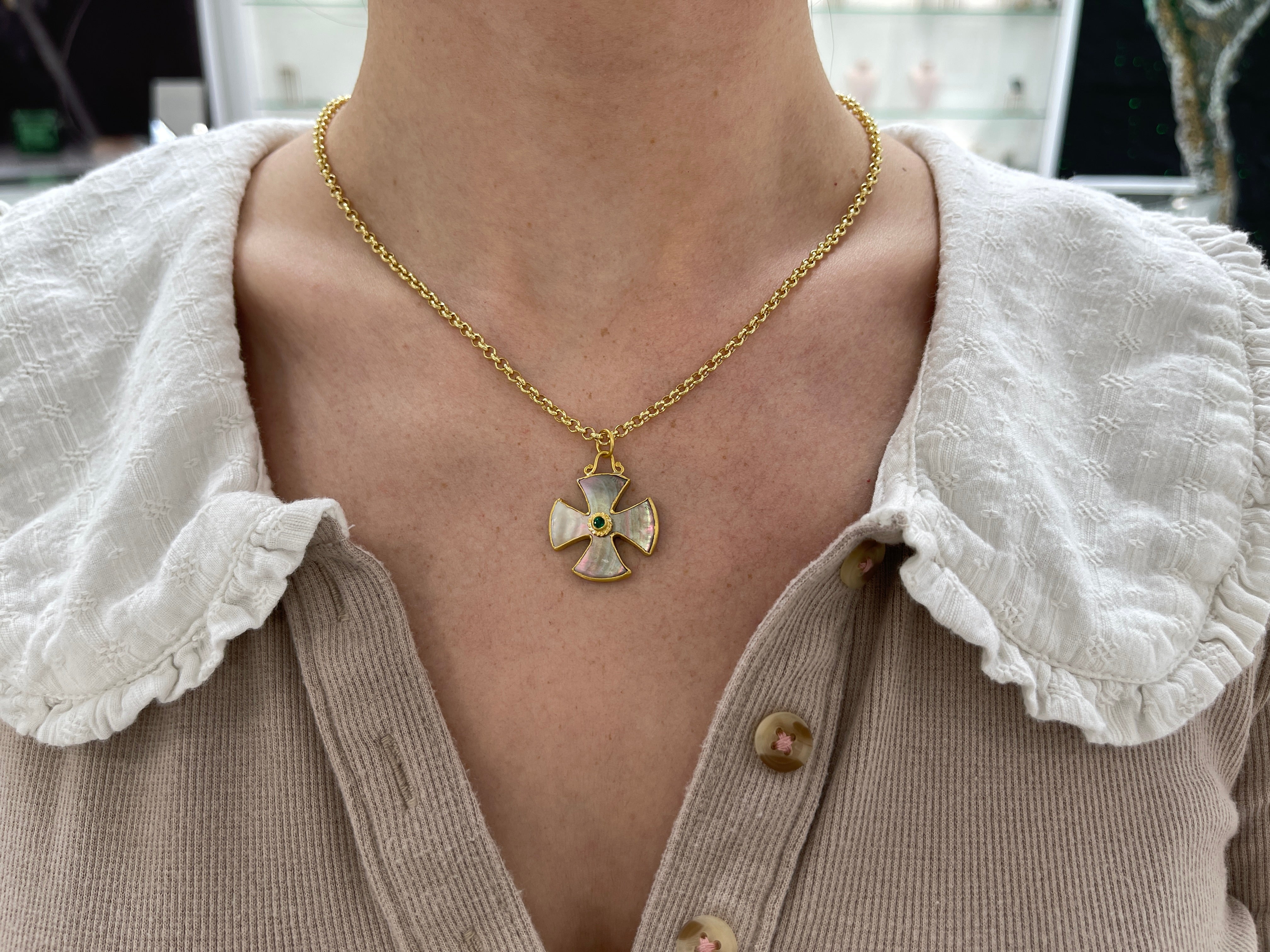 Byzantine 24K Gold & Mother of Pearl Maltese Emerald Cross - JR Colombian Emeralds