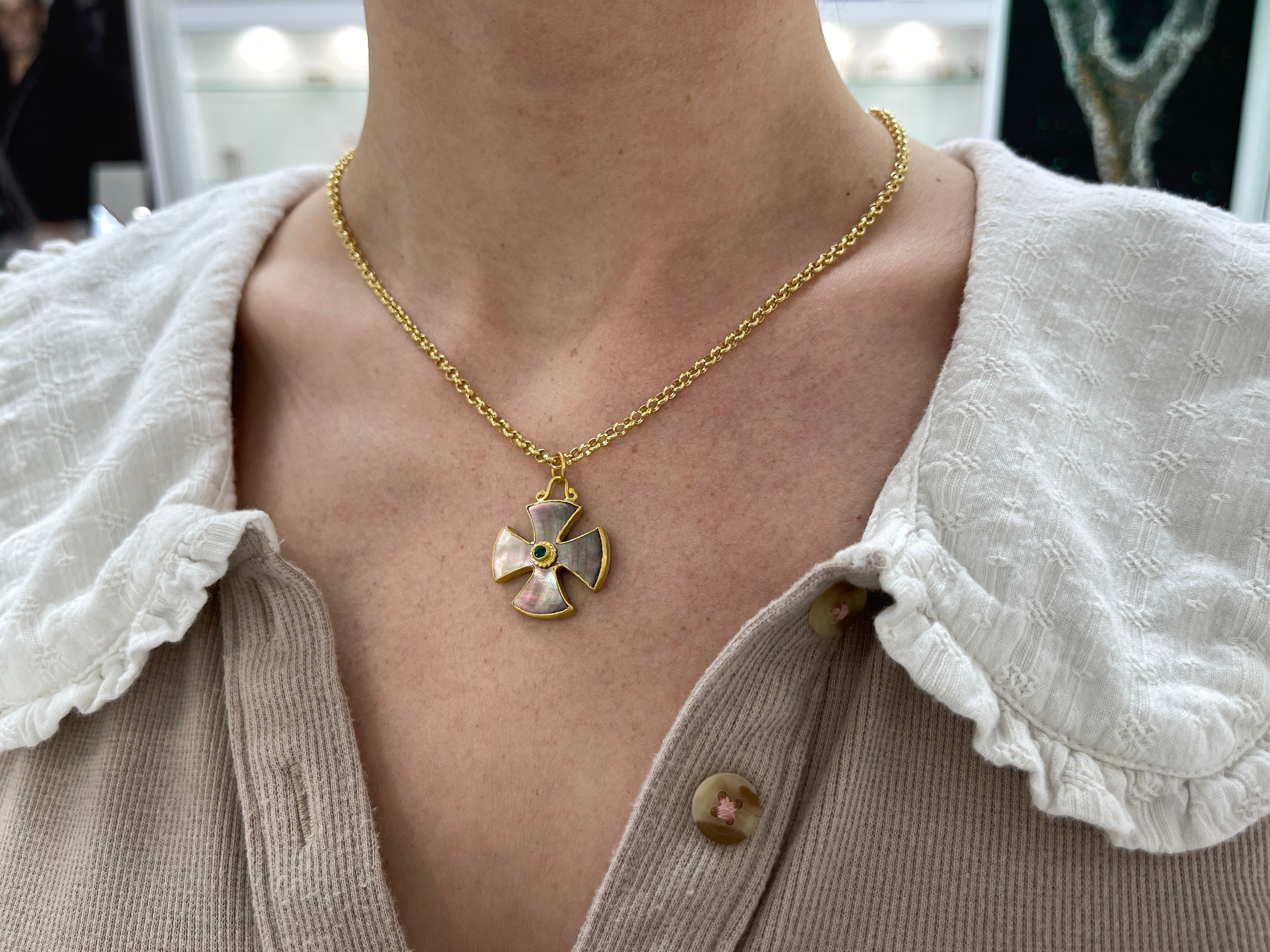 Byzantine 24K Gold & Mother of Pearl Maltese Emerald Cross - JR Colombian Emeralds
