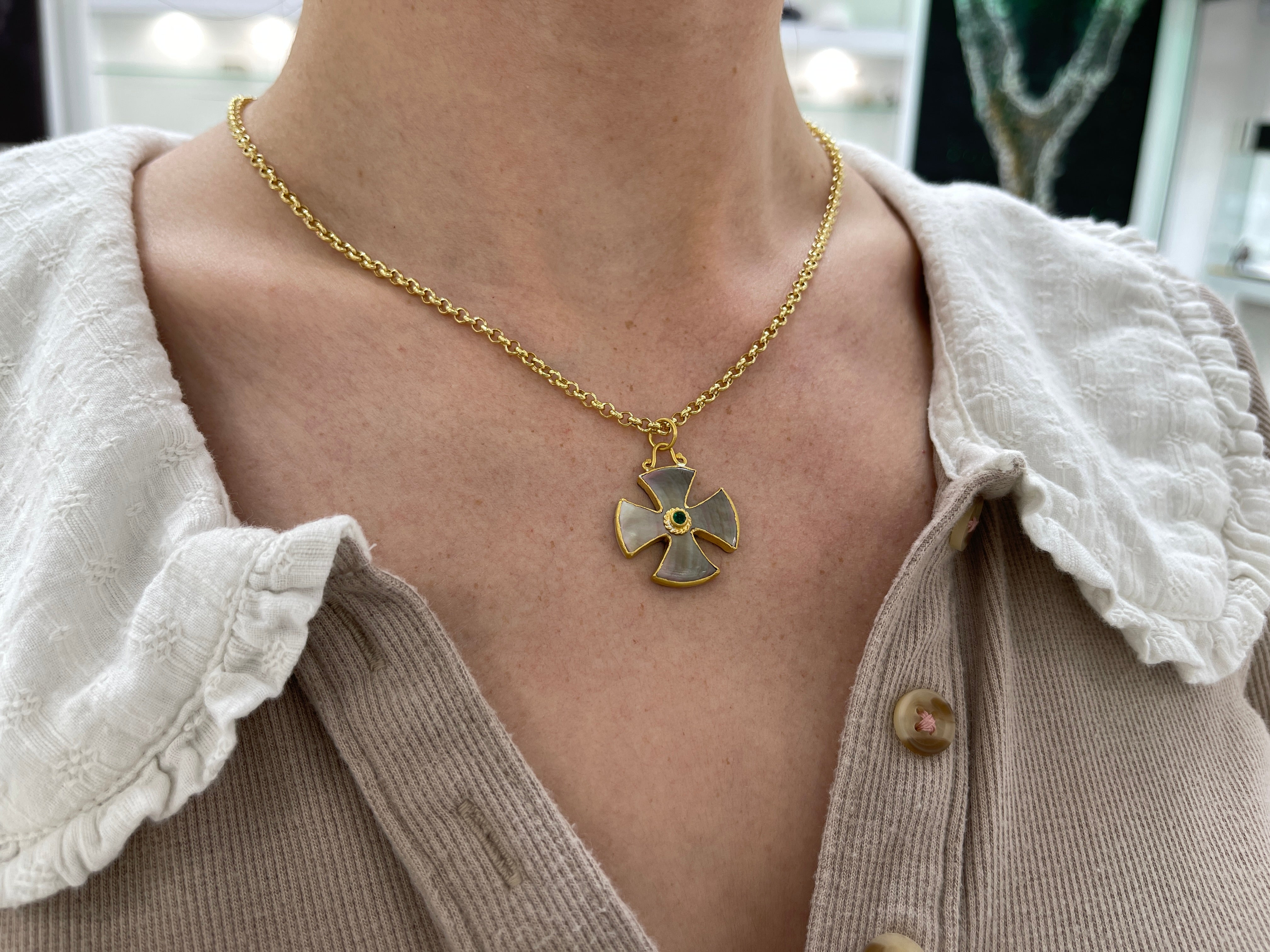 Byzantine 24K Gold & Mother of Pearl Maltese Emerald Cross - JR Colombian Emeralds