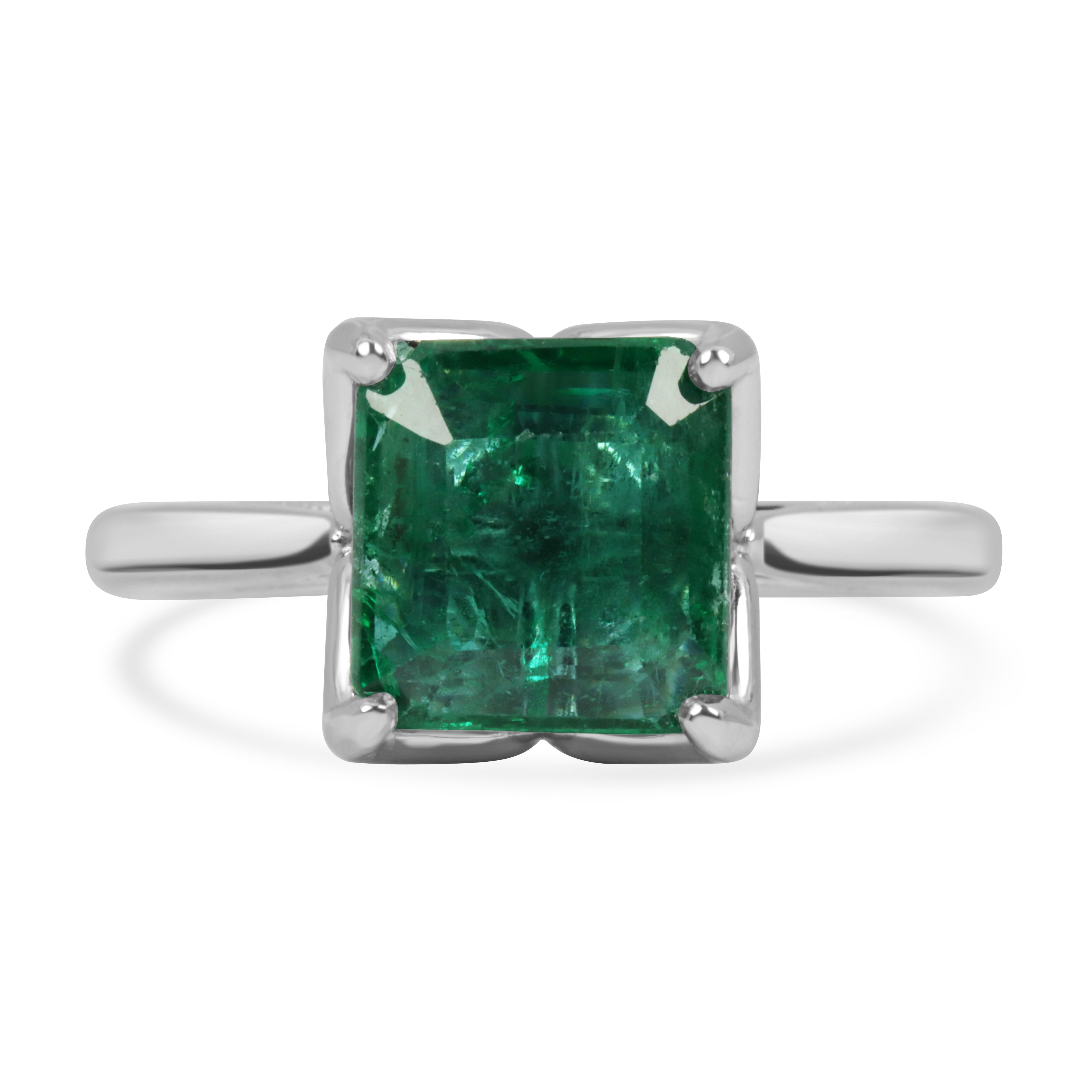 2.93 Carat Asscher Cut Natural Emerald White Gold Solitaire Engagement Ring