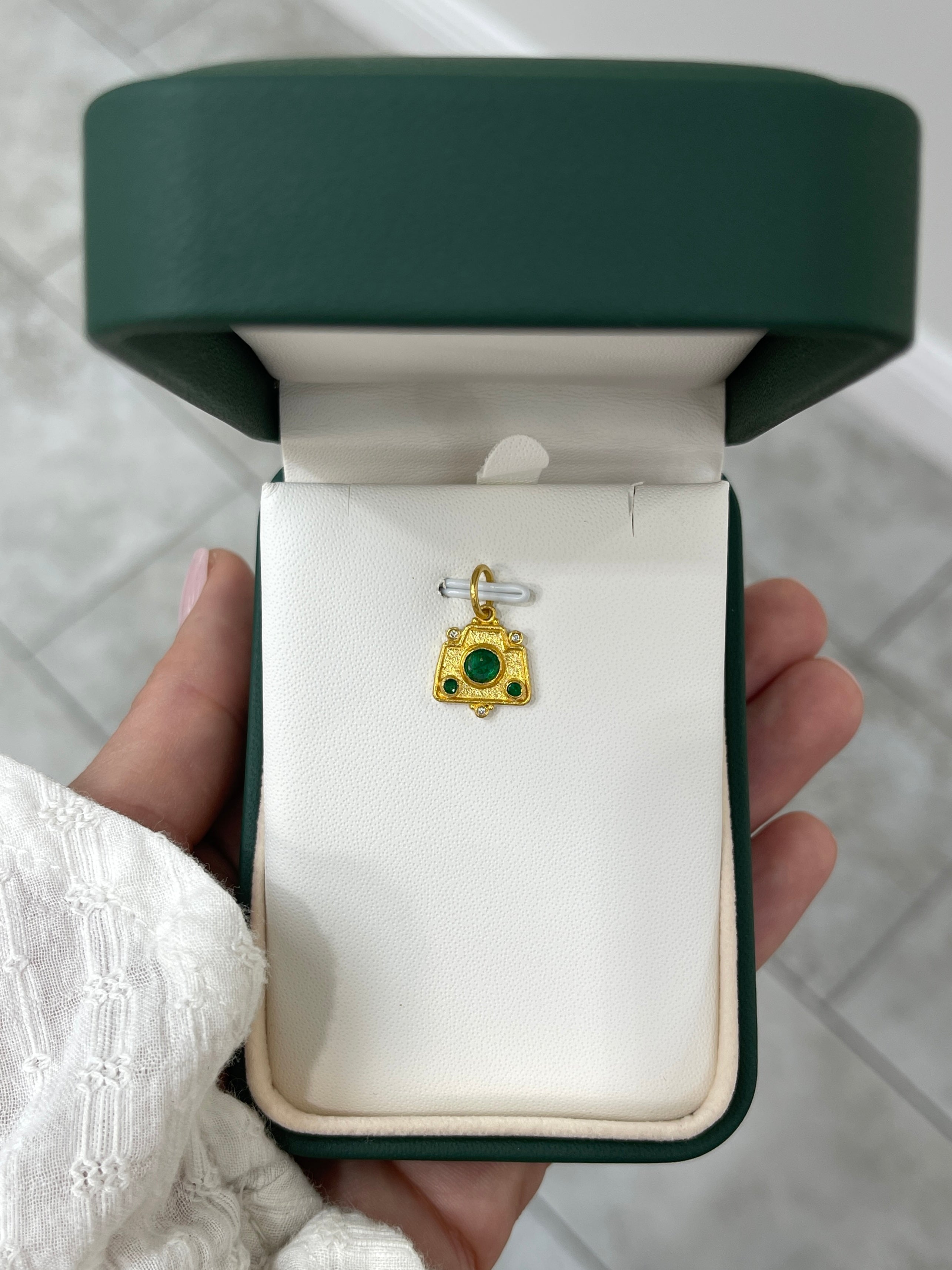 24K Gold Emerald & Diamond Camera Charm Pendant - JR Colombian Emeralds