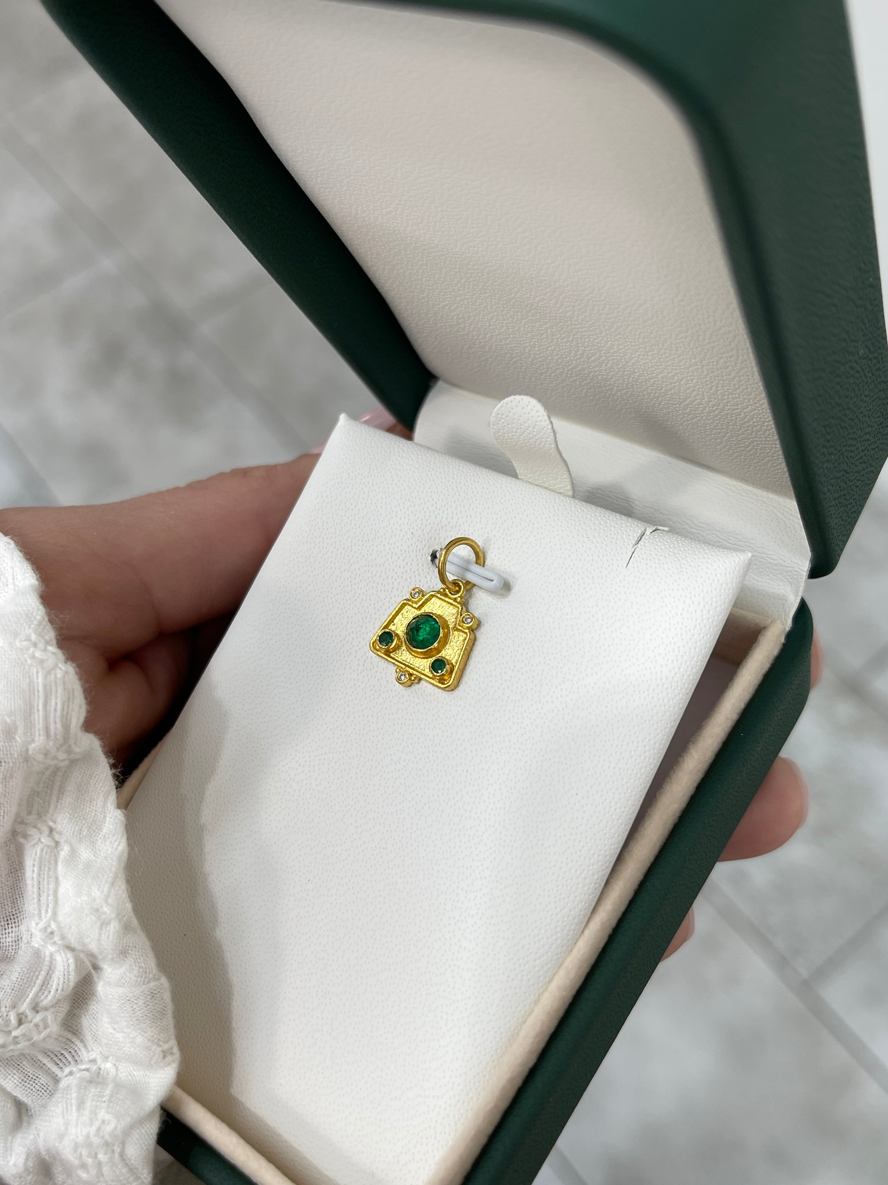 24K Gold Emerald & Diamond Camera Charm Pendant - JR Colombian Emeralds
