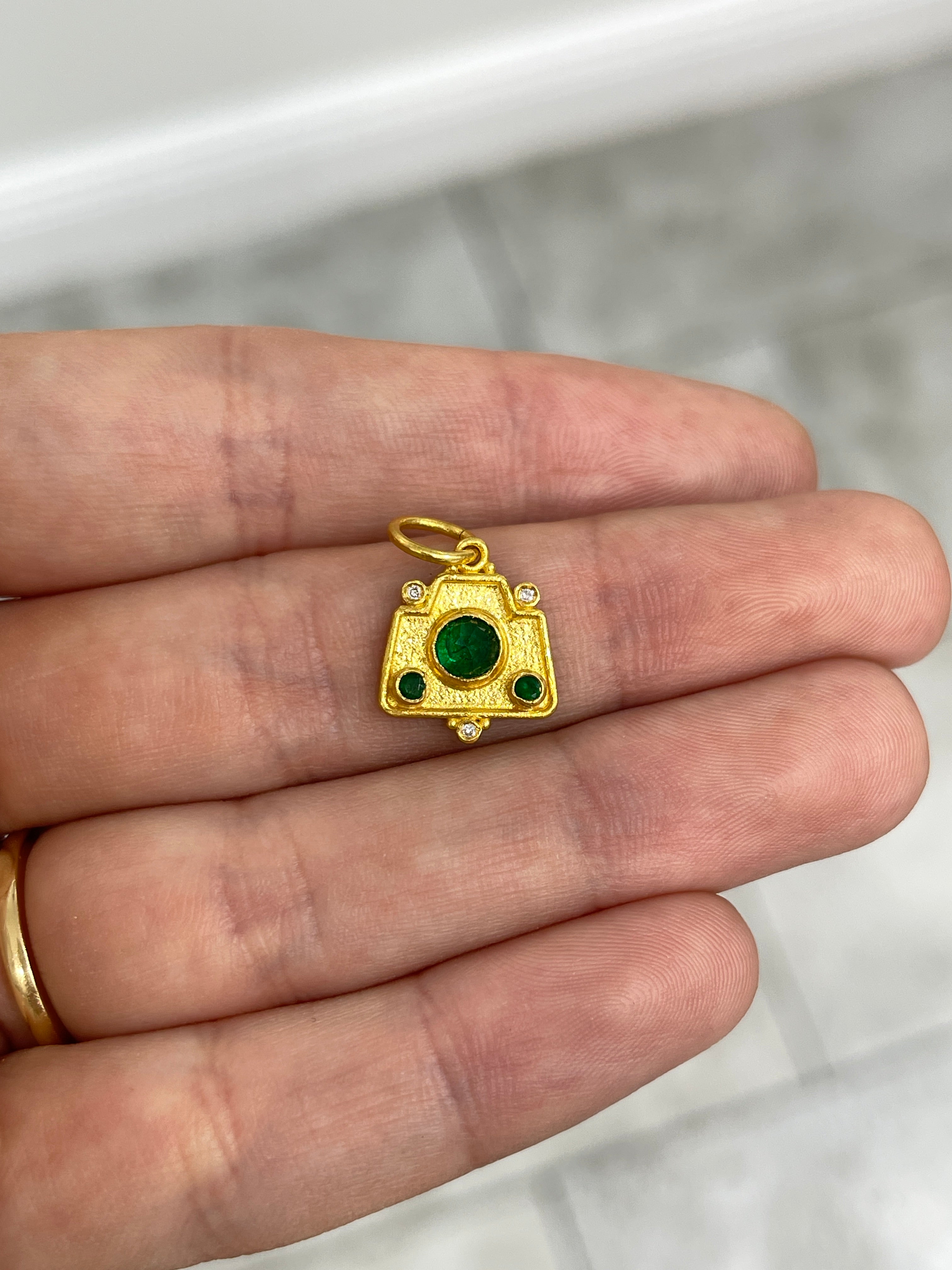 24K Gold Emerald & Diamond Camera Charm Pendant - JR Colombian Emeralds